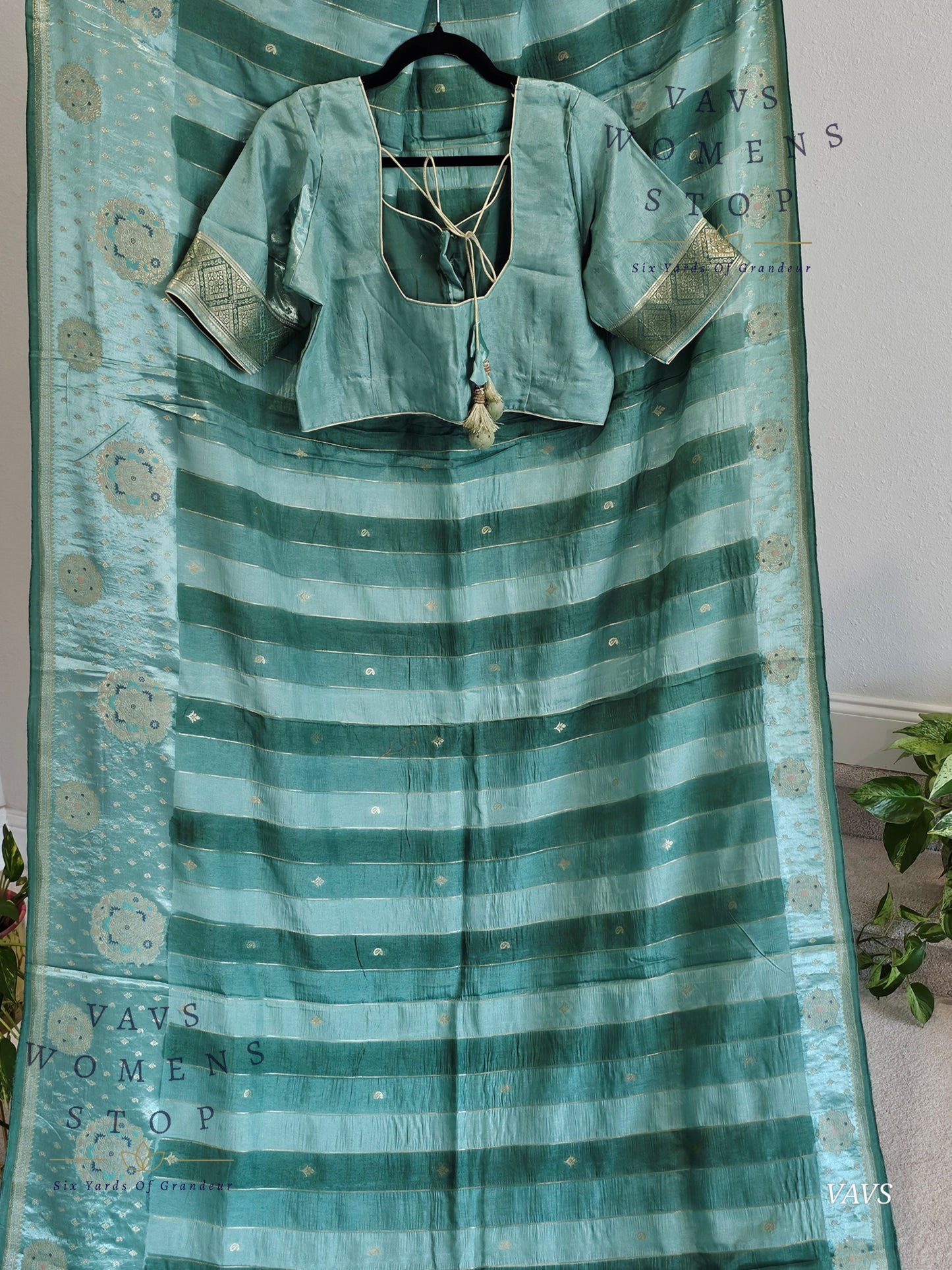 Sea Green Munga Banarasi Silk Saree with Stripes & Satin Border with Stitched Blouse