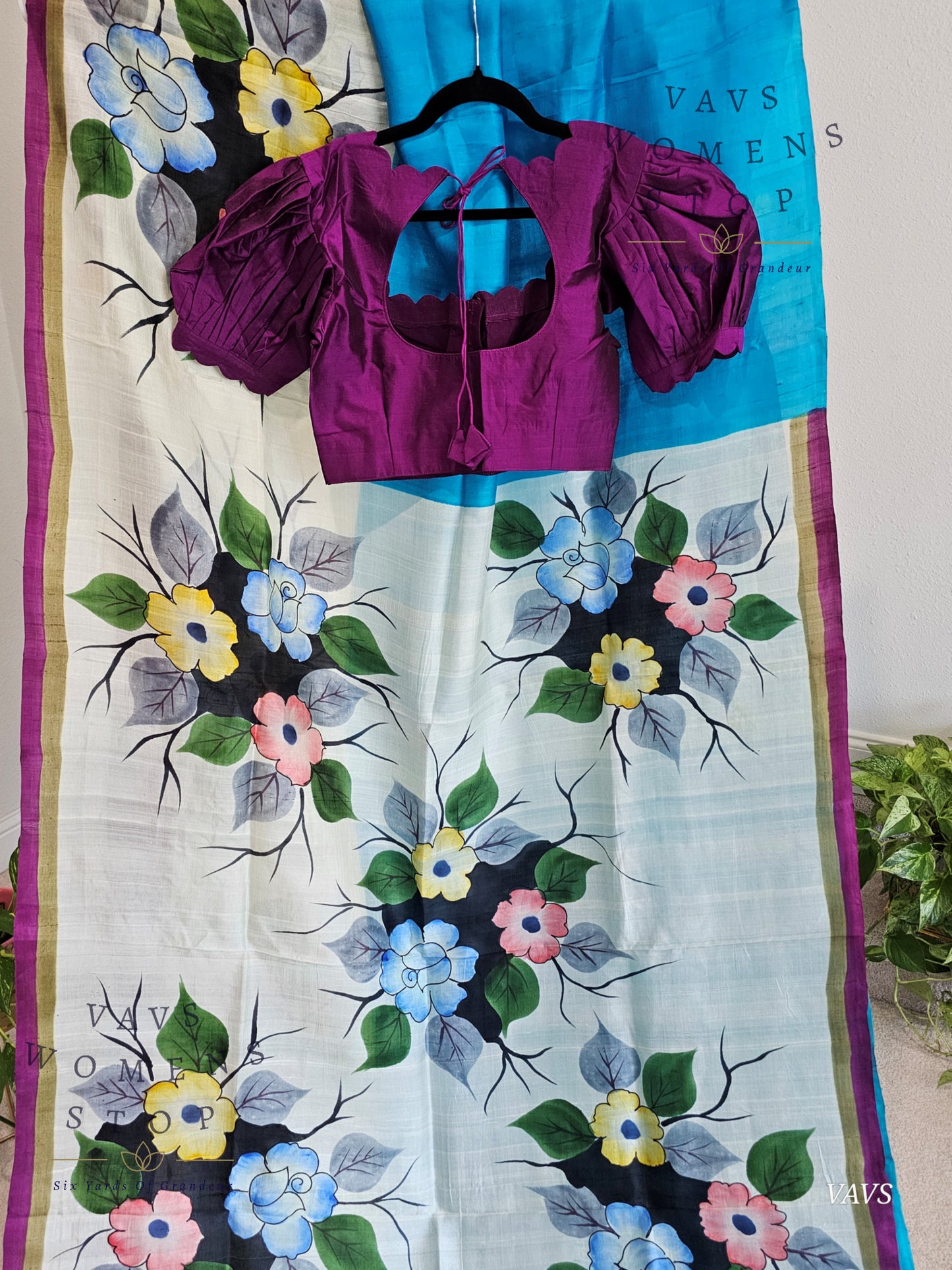 Exclusive Designer Pure Tussar Silk Saree with Puff Sleeves Blouse