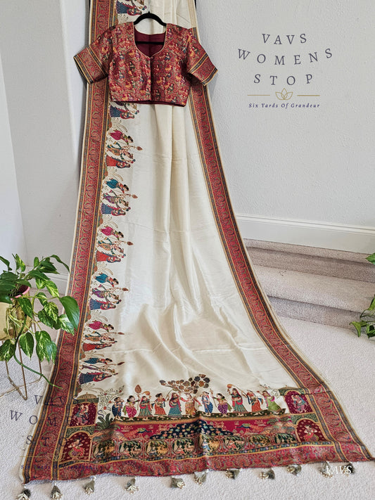 Off-White Banarasi Silk Saree with Dancing Dolls Weave & Pashmina Border | Size 38–44