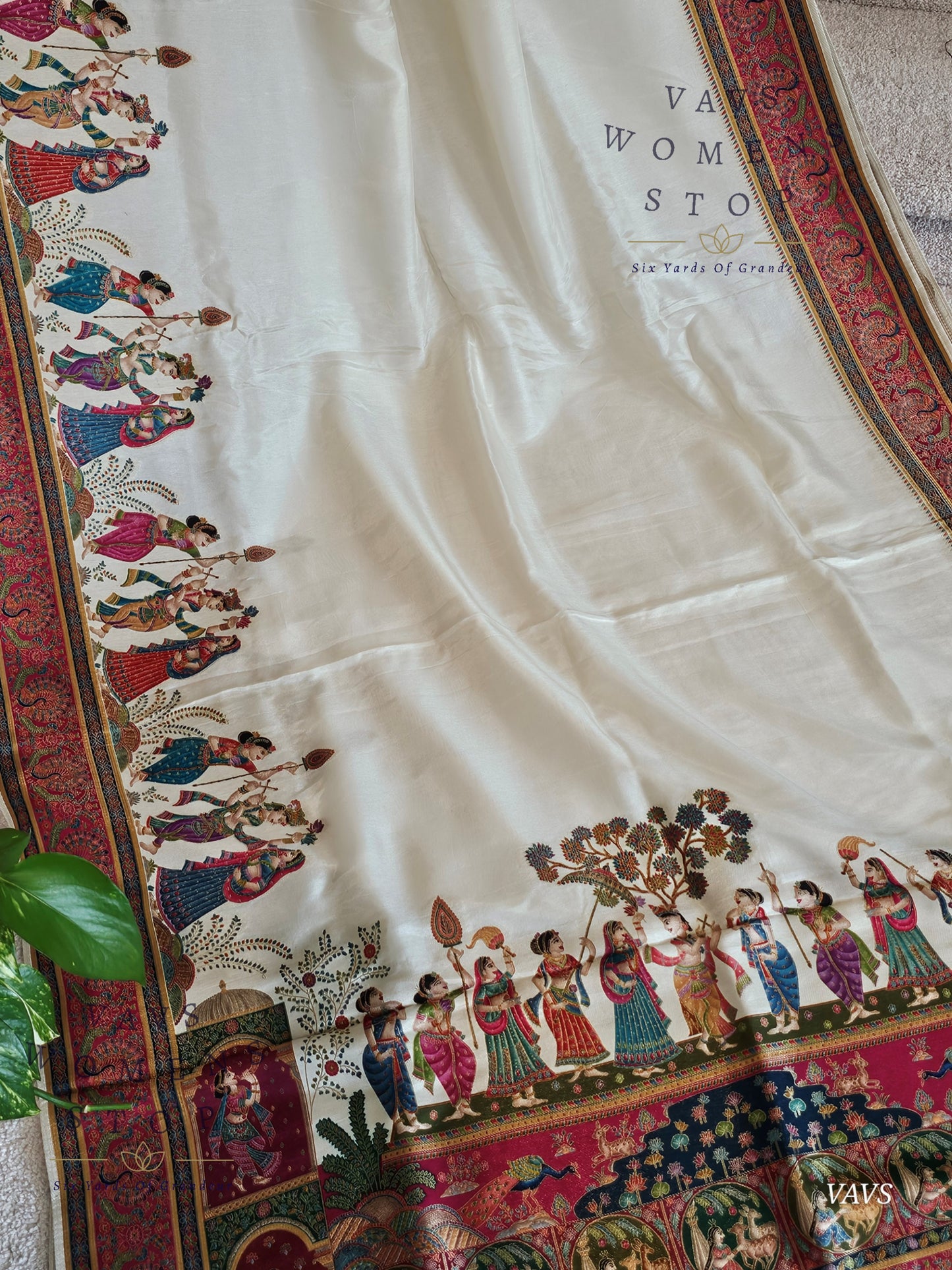 Off-White Banarasi Silk Saree with Dancing Dolls Weave & Pashmina Border | Size 38–44