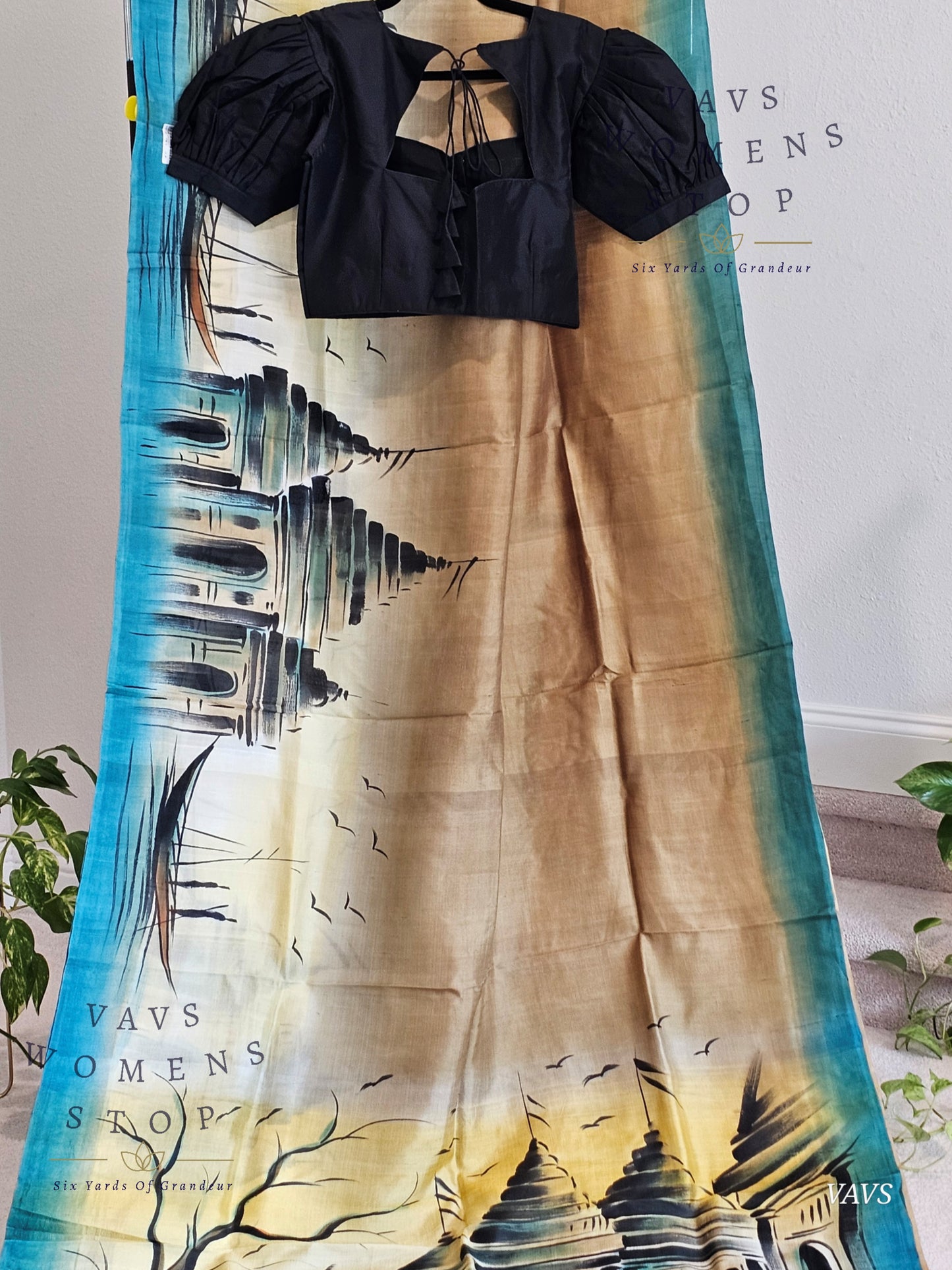 Exclusive Designer Pure Tussar Silk Saree with Puff Sleeves Blouse