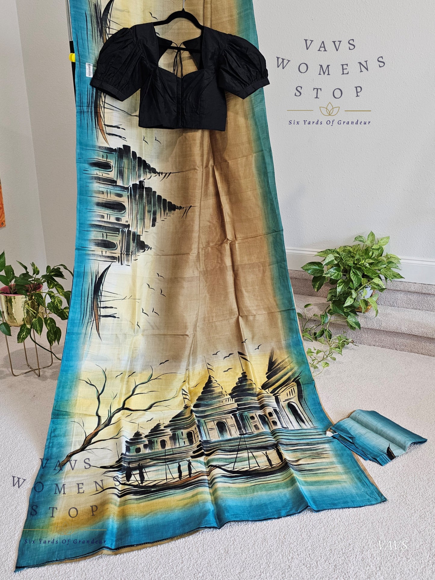 Exclusive Designer Pure Tussar Silk Saree with Puff Sleeves Blouse