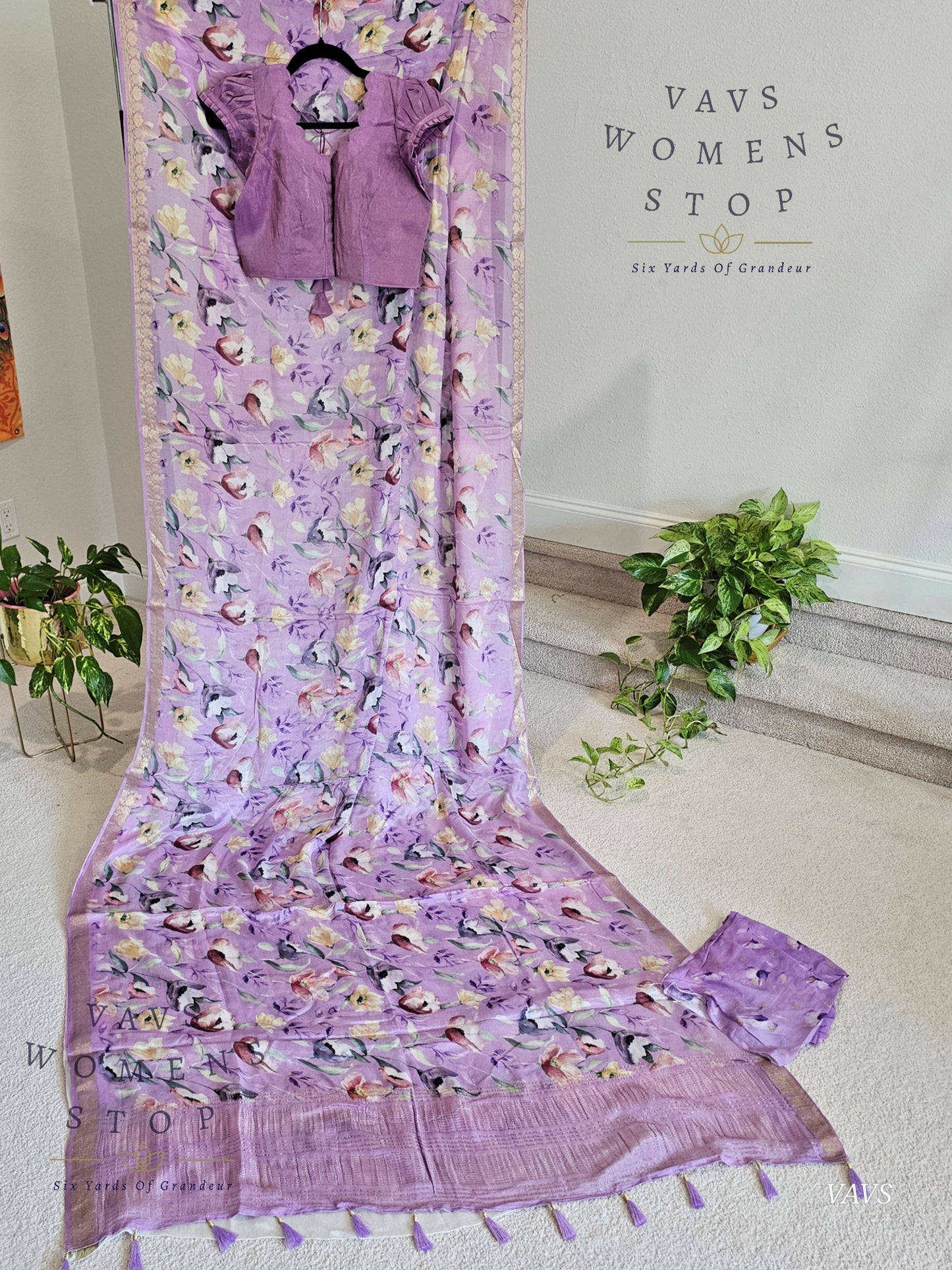 Lavender Chinon Crepe Floral Print Saree with Tissue Puff Sleeve Blouse | Classy Designer Saree