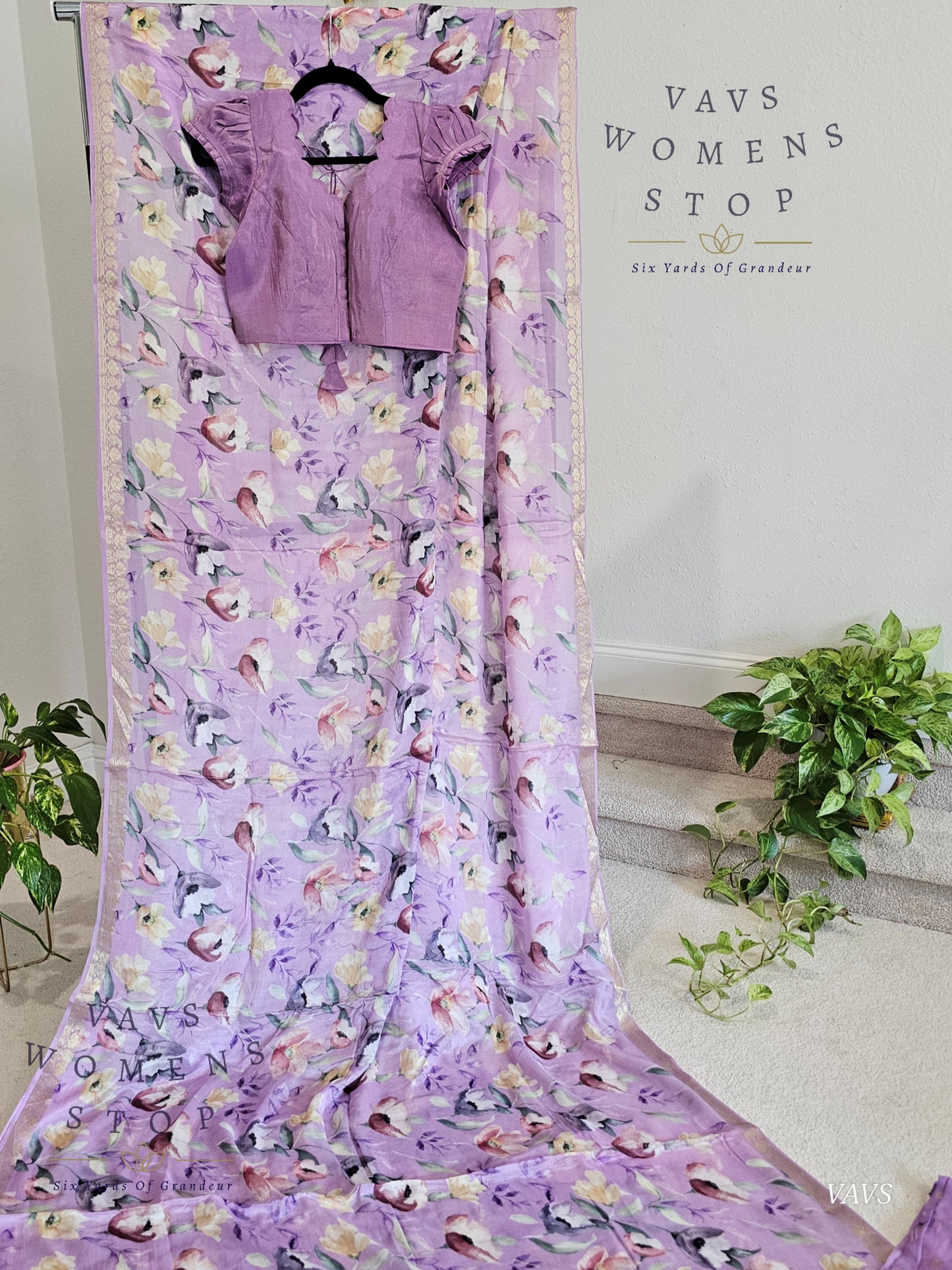 Lavender Chinon Crepe Floral Print Saree with Tissue Puff Sleeve Blouse | Classy Designer Saree
