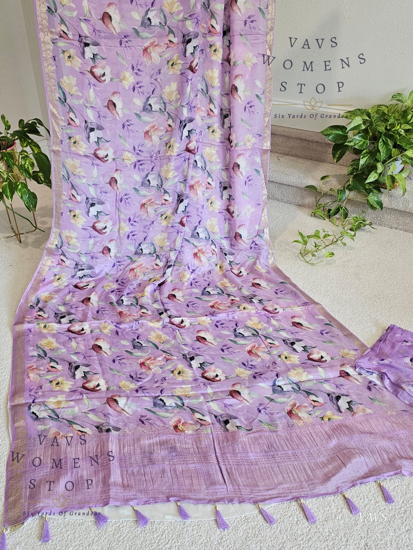 Lavender Chinon Crepe Floral Print Saree with Tissue Puff Sleeve Blouse | Classy Designer Saree