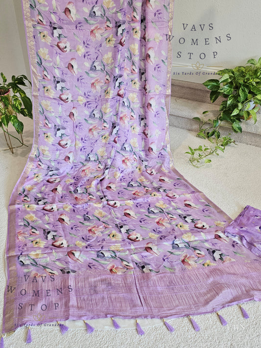 Buy Lavender Chinon Crepe Floral Print Saree | Classy Designer Saree | Women's Stop