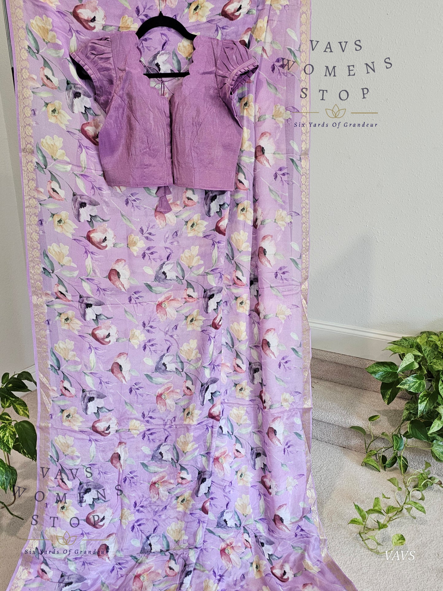 Lavender Chinon Crepe Floral Print Saree with Tissue Puff Sleeve Blouse | Classy Designer Saree