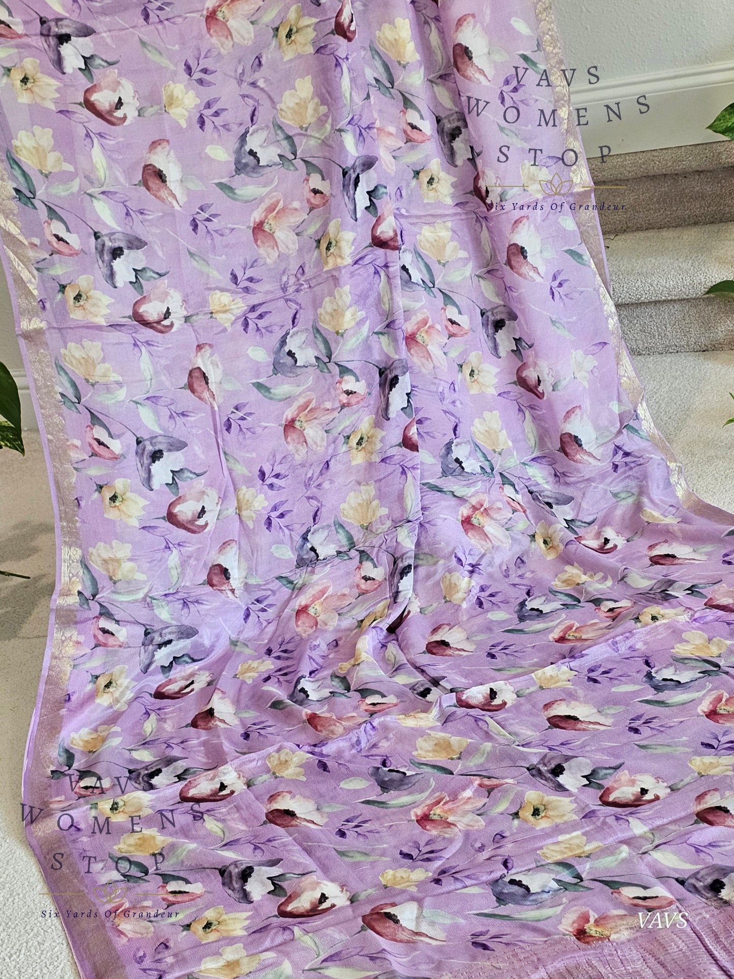 Lavender Chinon Crepe Floral Print Saree | Classy Designer Saree