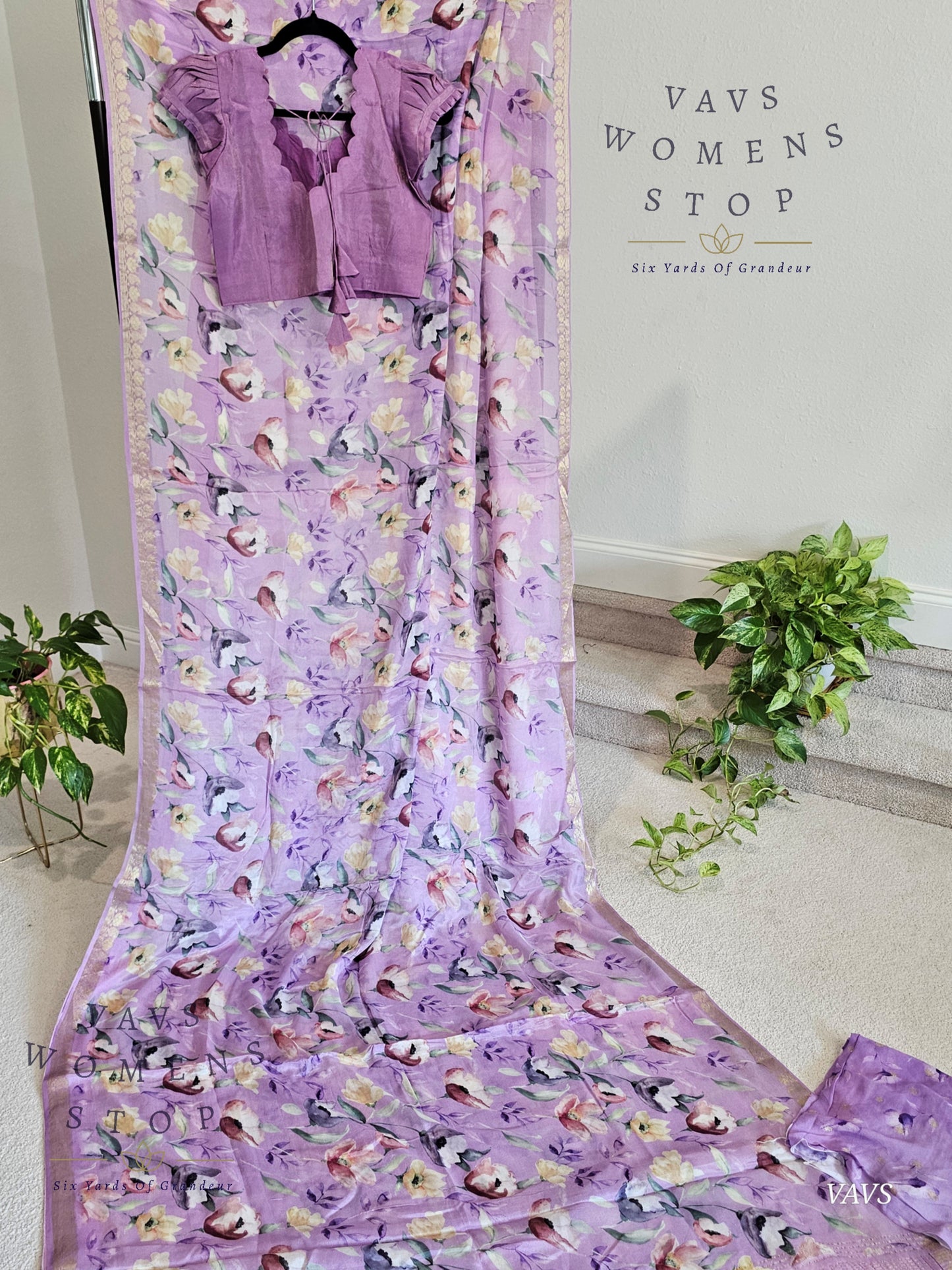 Lavender Chinon Crepe Floral Print Saree with Tissue Puff Sleeve Blouse | Classy Designer Saree