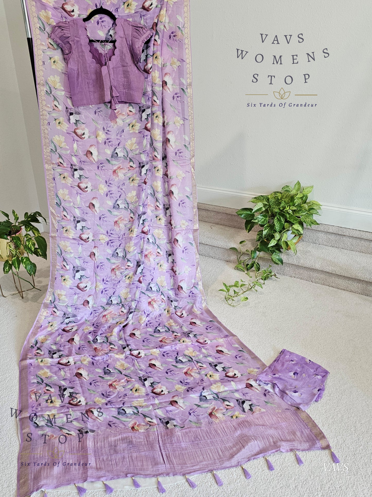 Lavender Chinon Crepe Floral Print Saree with Tissue Puff Sleeve Blouse | Classy Designer Saree