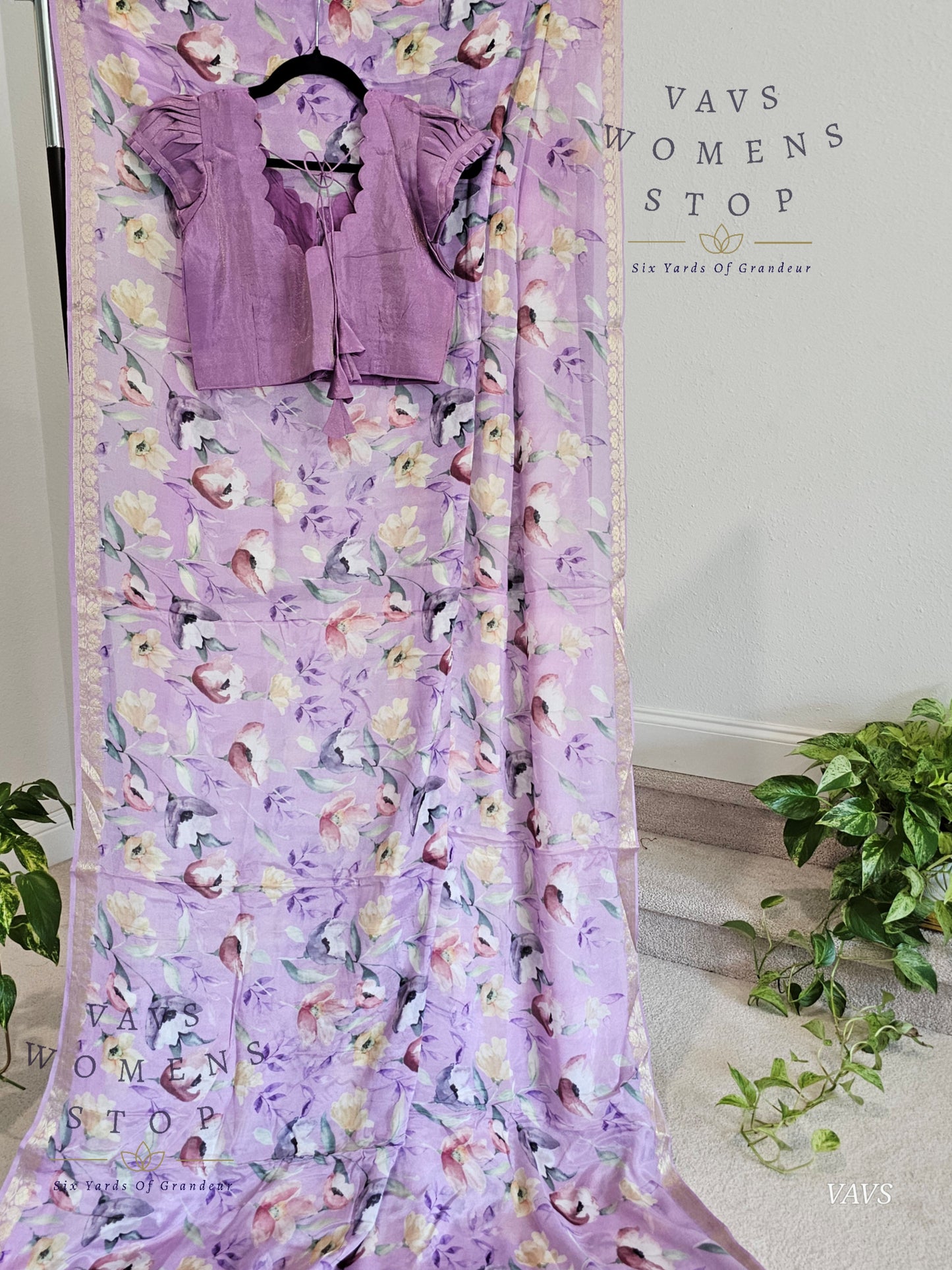 Lavender Chinon Crepe Floral Print Saree with Tissue Puff Sleeve Blouse | Classy Designer Saree
