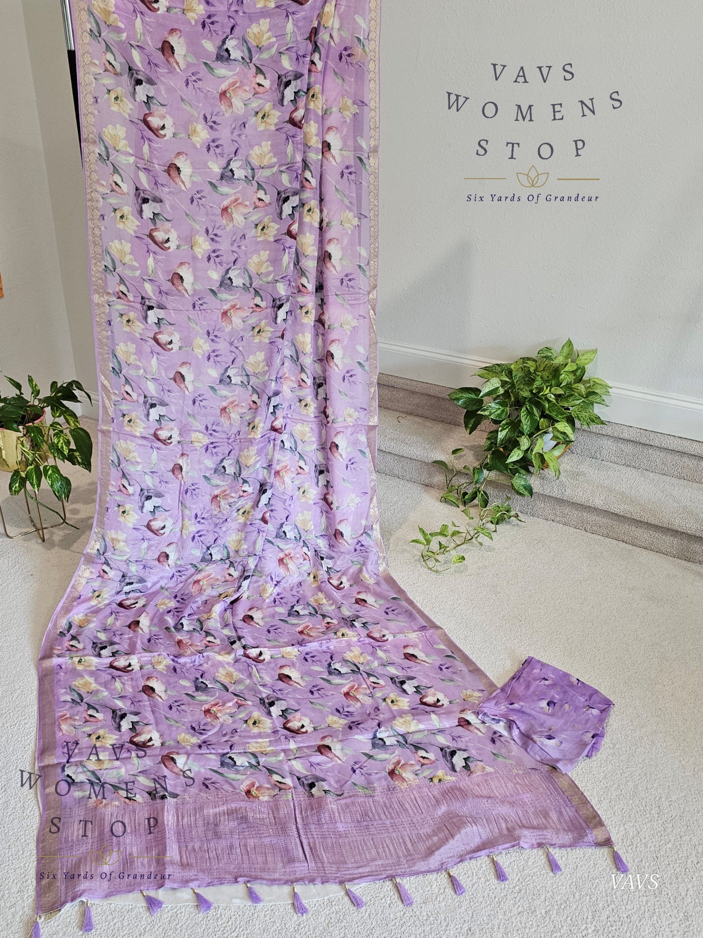 Lavender Chinon Crepe Floral Print Saree with Tissue Puff Sleeve Blouse | Classy Designer Saree