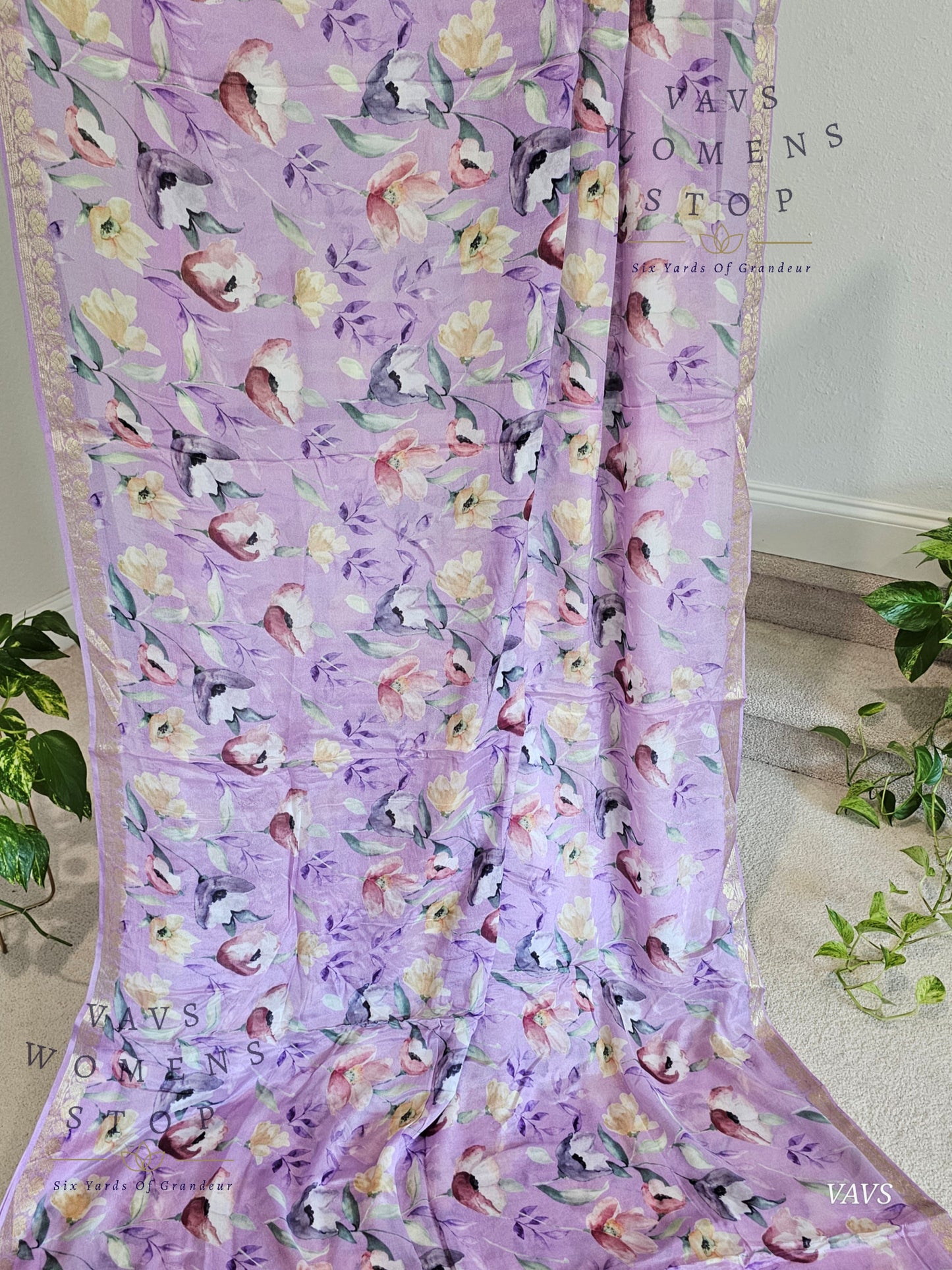 Lavender Chinon Crepe Floral Print Saree | Classy Designer Saree