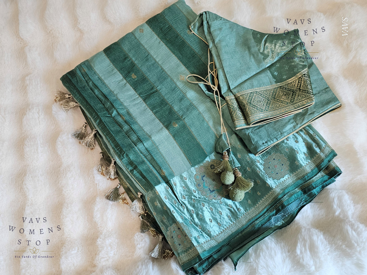 Sea Green Munga Banarasi Silk Saree with Stripes & Satin Border with Stitched Blouse