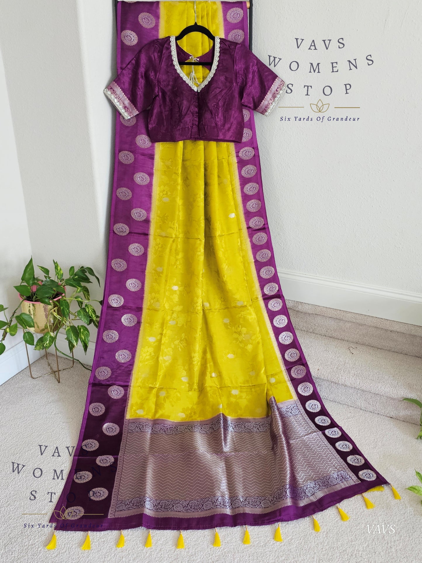 Sunflower Yellow Soft Mango Benarasi Silk Saree with Purple Contrast Blouse