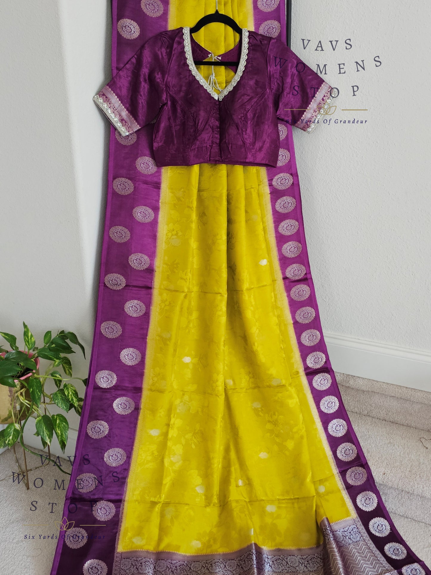 Sunflower Yellow Soft Mango Benarasi Silk Saree with Purple Contrast Blouse