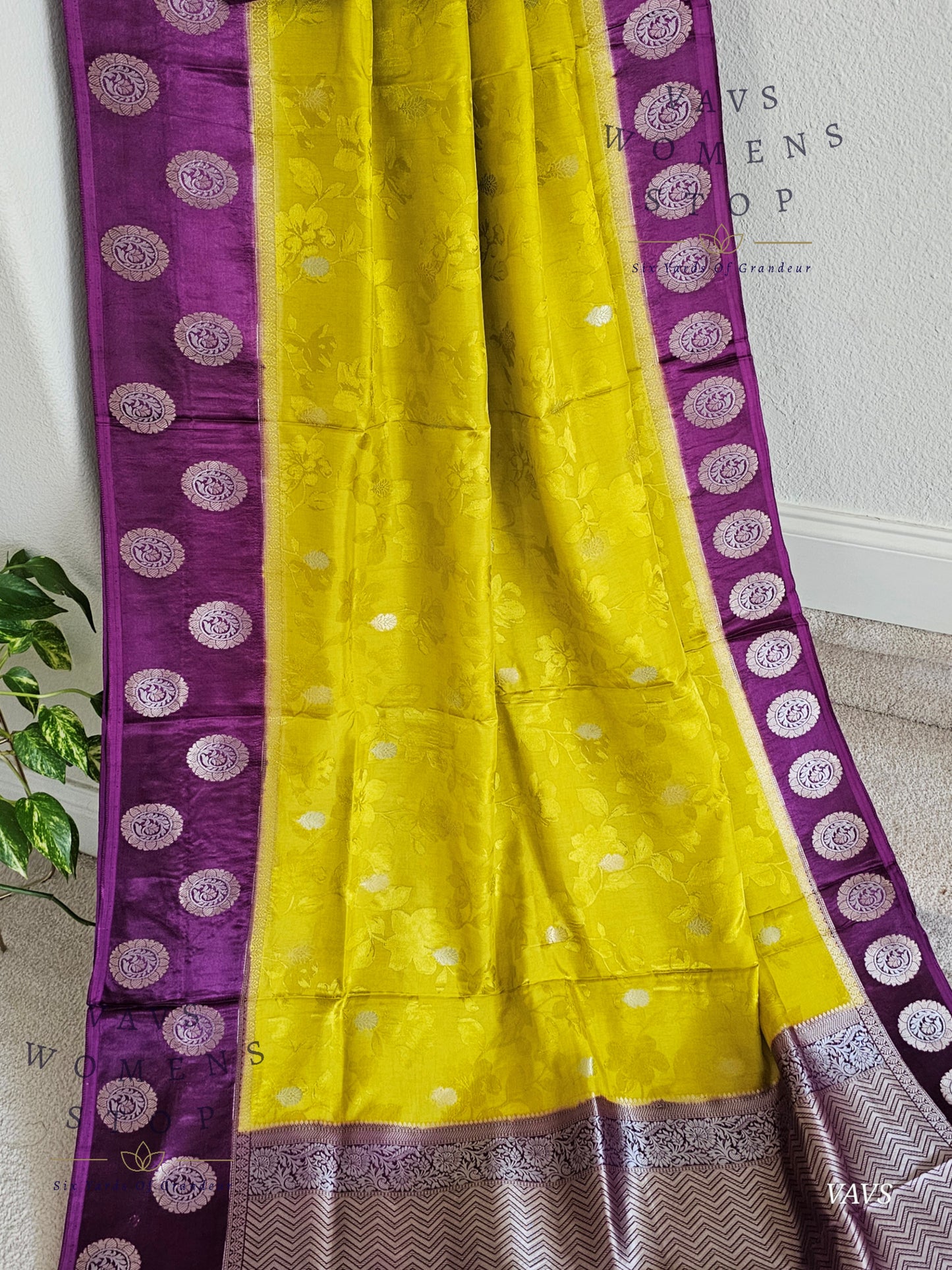 Sunflower Yellow Soft Mango Benarasi Silk Saree with Purple Contrast Blouse