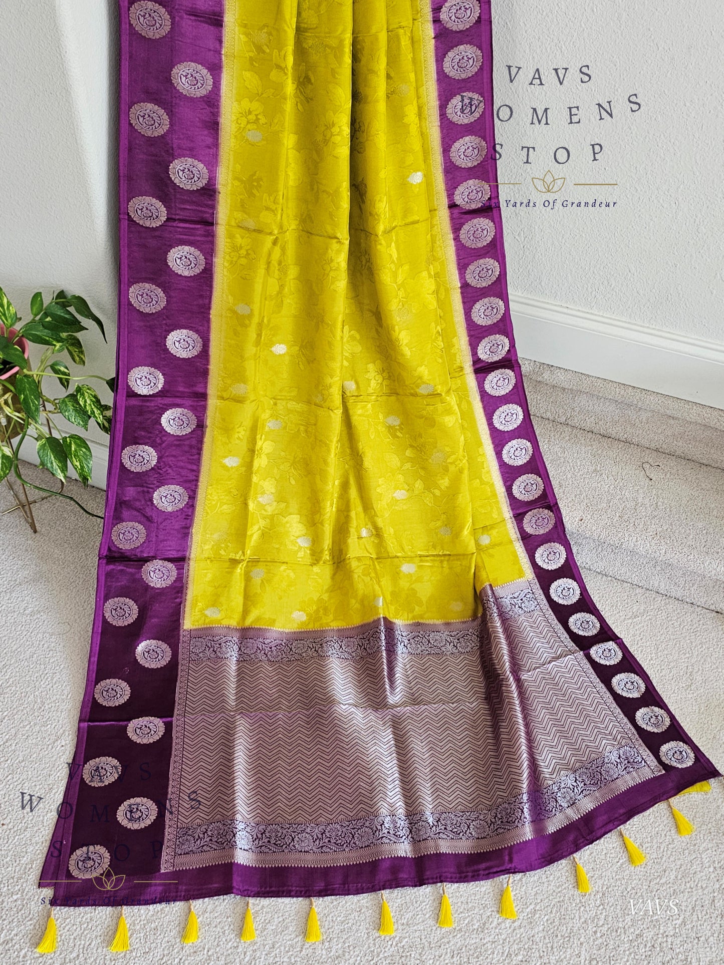 Sunflower Yellow Soft Mango Benarasi Silk Saree with Purple Contrast Blouse