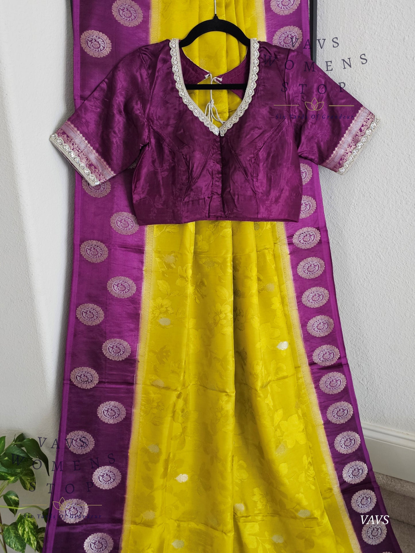 Sunflower Yellow Soft Mango Benarasi Silk Saree with Purple Contrast Blouse