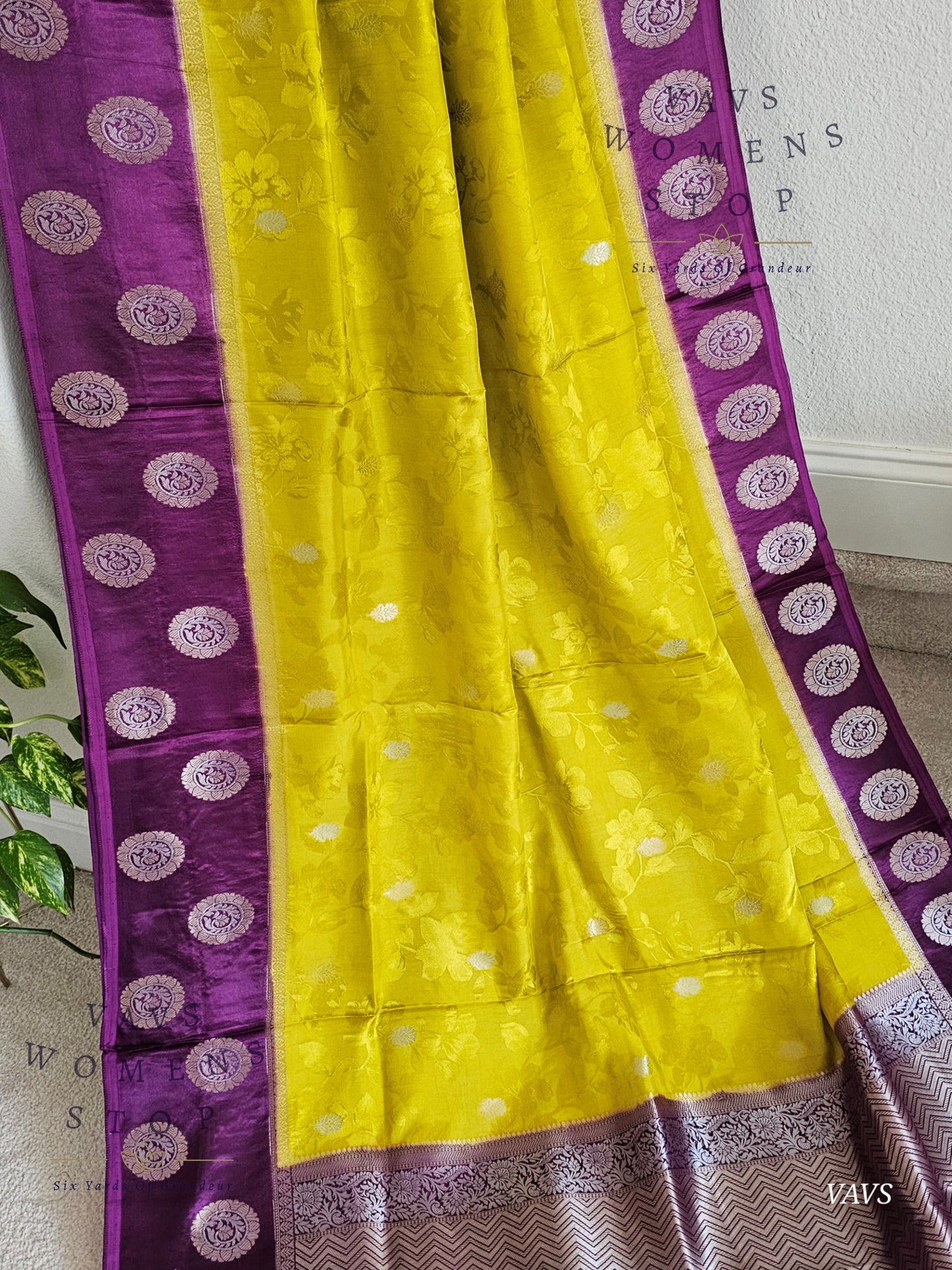 Sunflower Yellow Soft Mango Benarasi Silk Saree with Purple Contrast Blouse