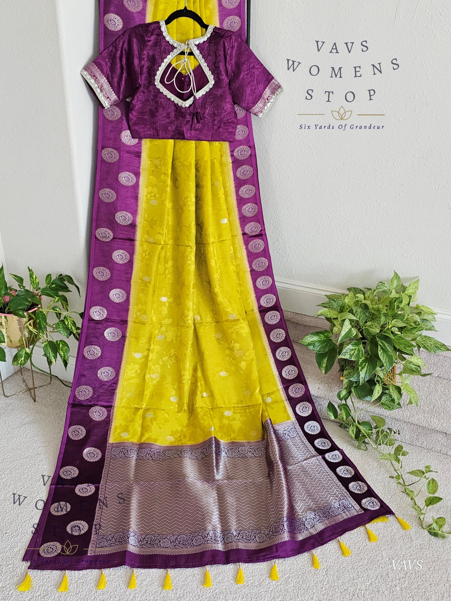 Sunflower Yellow Soft Mango Benarasi Silk Saree with Purple Contrast Blouse