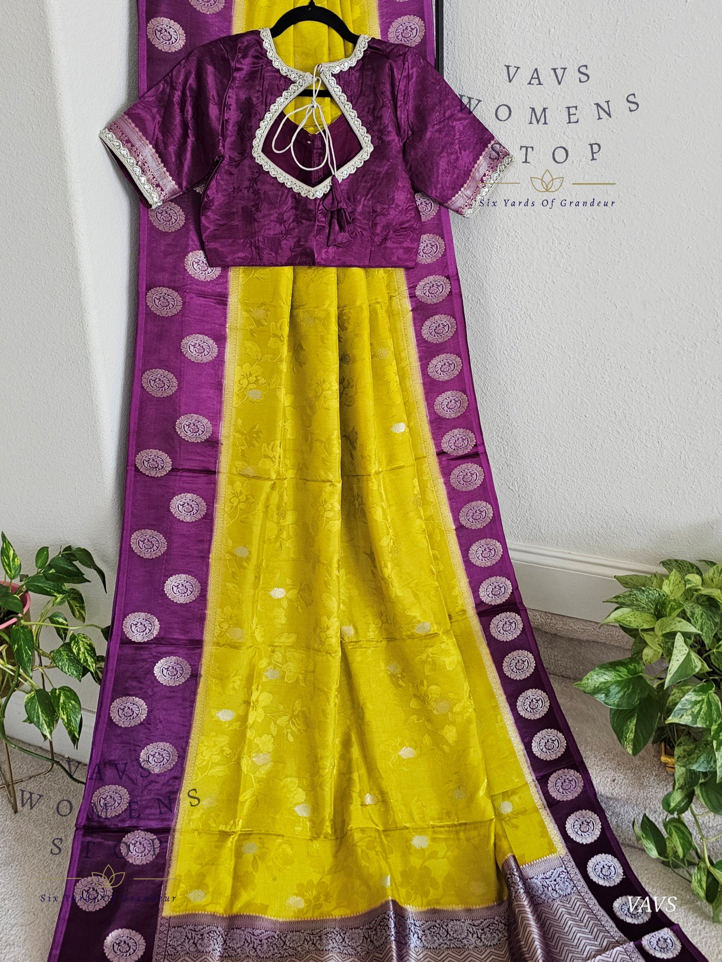 Sunflower Yellow Soft Mango Benarasi Silk Saree with Purple Contrast Blouse