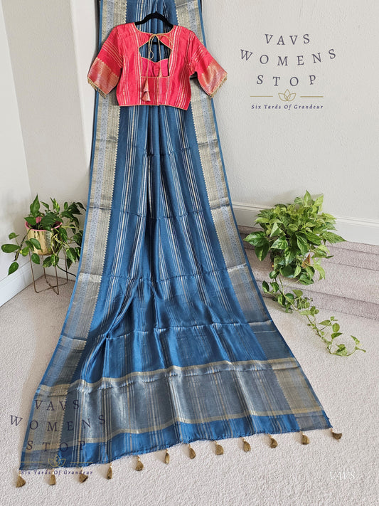 Classy Blue Shade Soft Dola Silk Saree with Contrast Pink Blouse