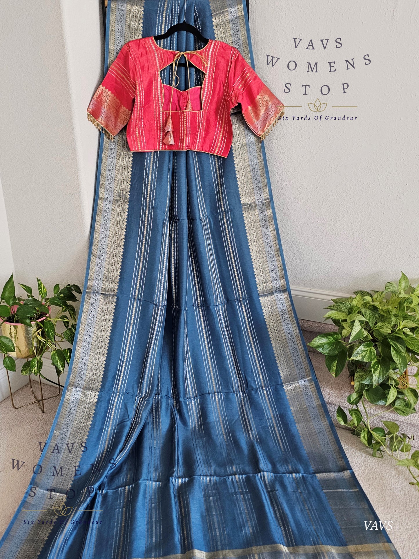 Classy Blue Shade Soft Dola Silk Saree with Contrast Pink Blouse