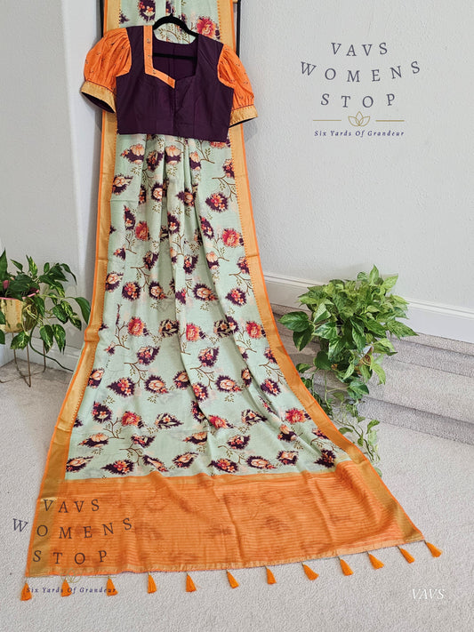 Floral Print Ruby Silk Saree in Pista Green with Orange Border & Matching Puff Sleeves Blouse