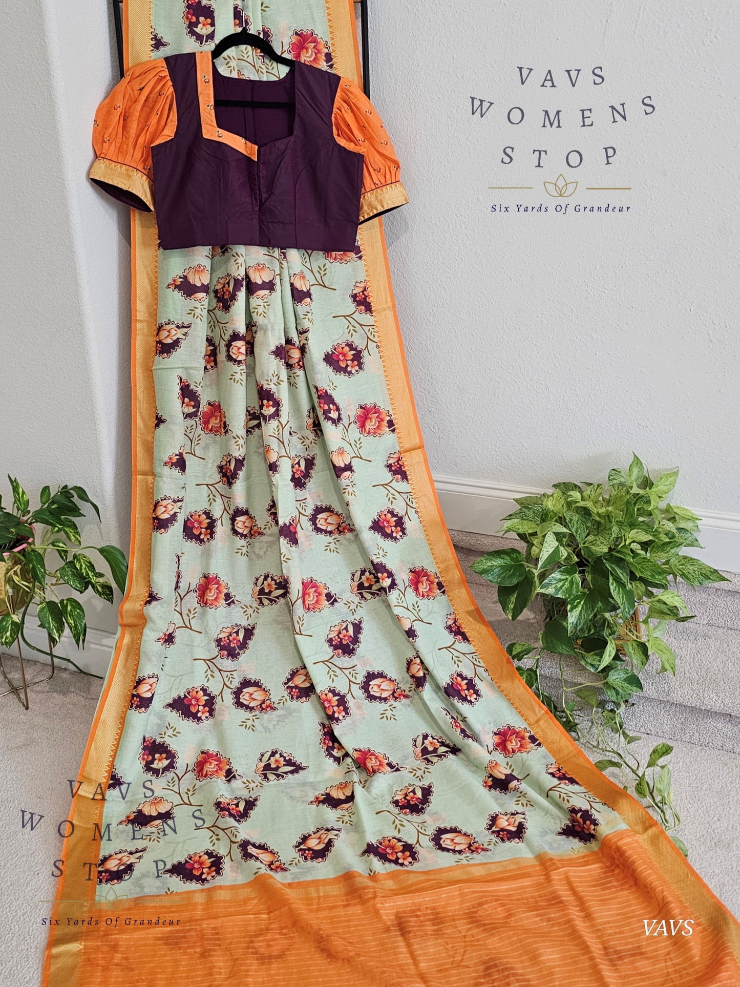 Floral Print Ruby Silk Saree in Pista Green with Orange Border & Matching Puff Sleeves Blouse