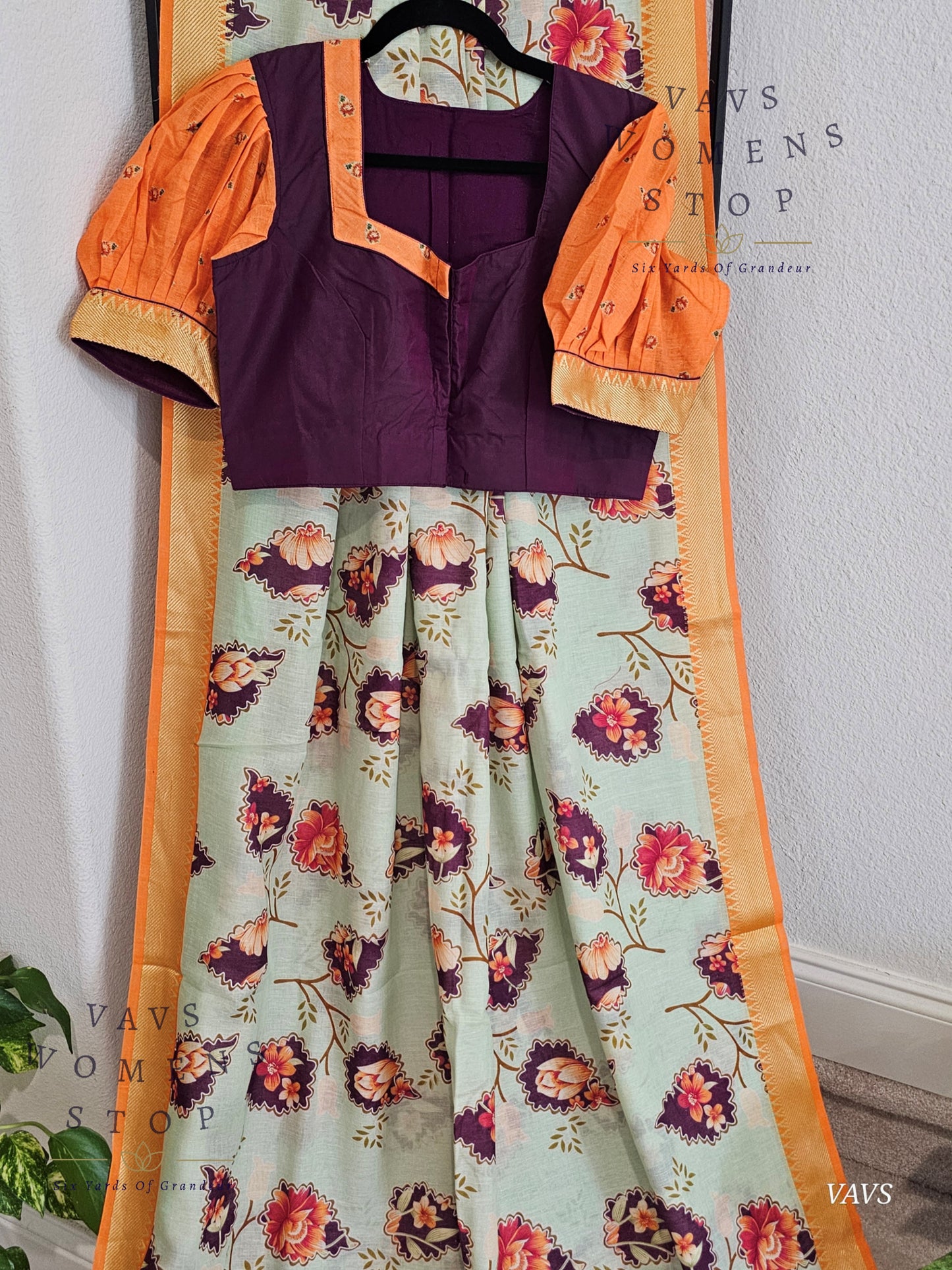 Floral Print Ruby Silk Saree in Pista Green with Orange Border & Matching Puff Sleeves Blouse