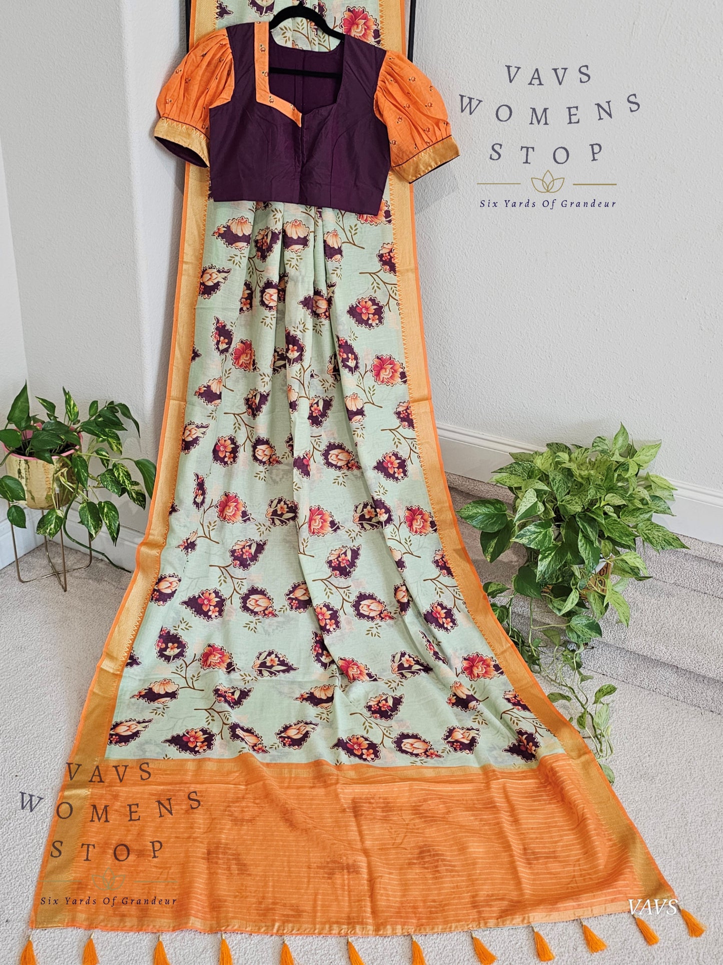 Floral Print Ruby Silk Saree in Pista Green with Orange Border & Matching Puff Sleeves Blouse