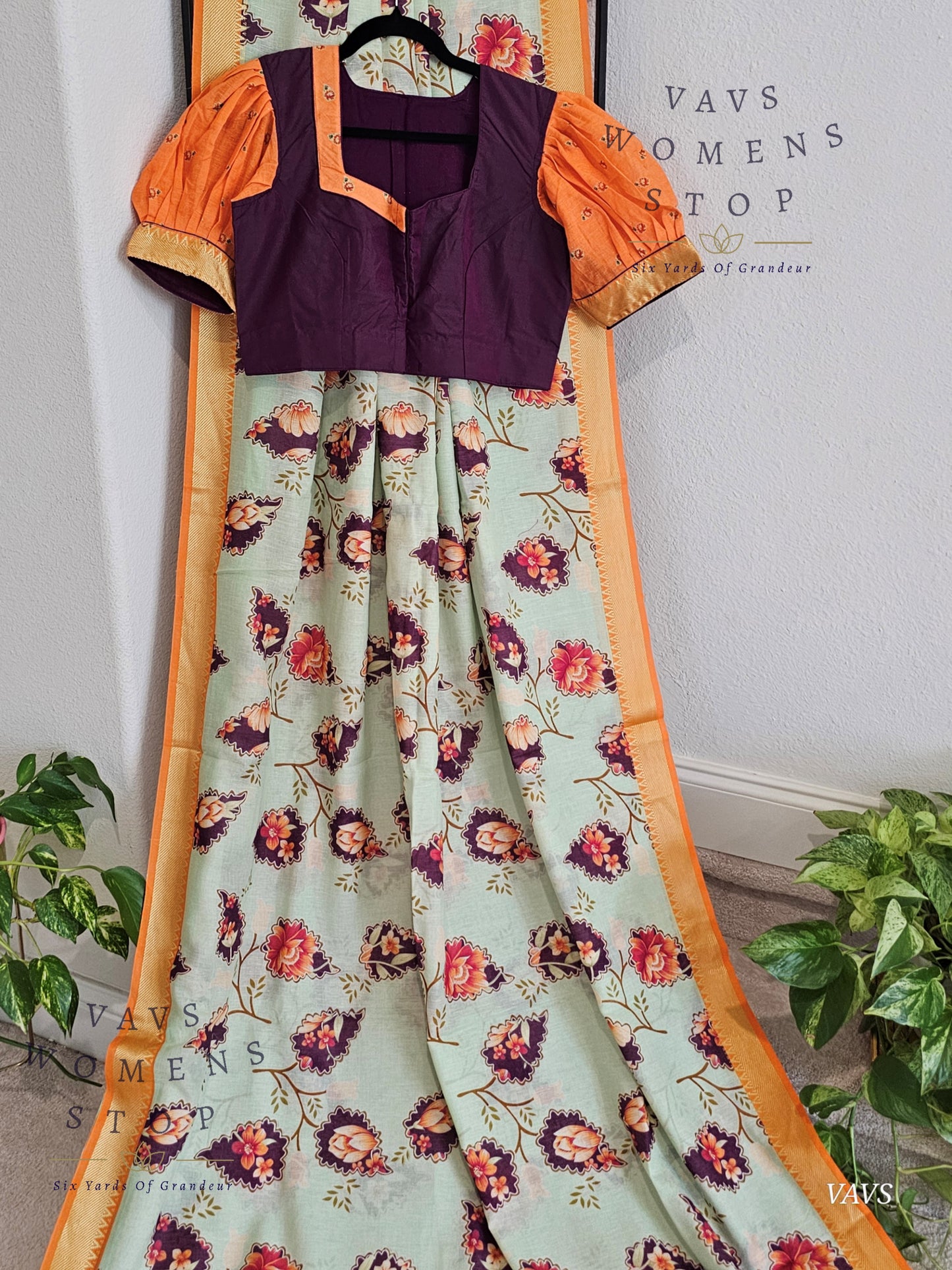 Floral Print Ruby Silk Saree in Pista Green with Orange Border & Matching Puff Sleeves Blouse
