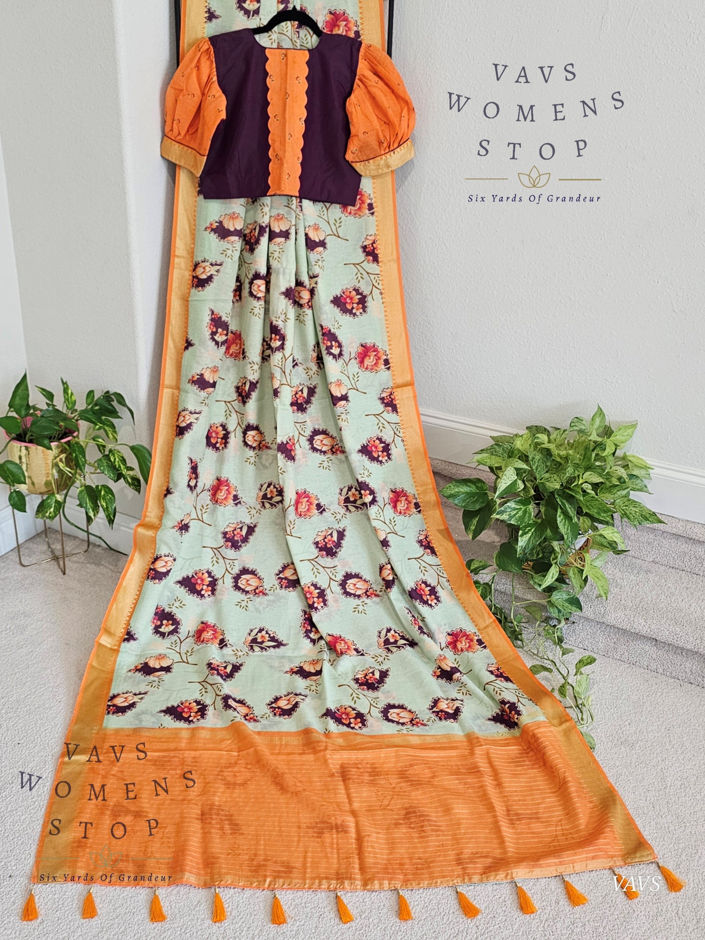 Floral Print Ruby Silk Saree in Pista Green with Orange Border & Matching Puff Sleeves Blouse