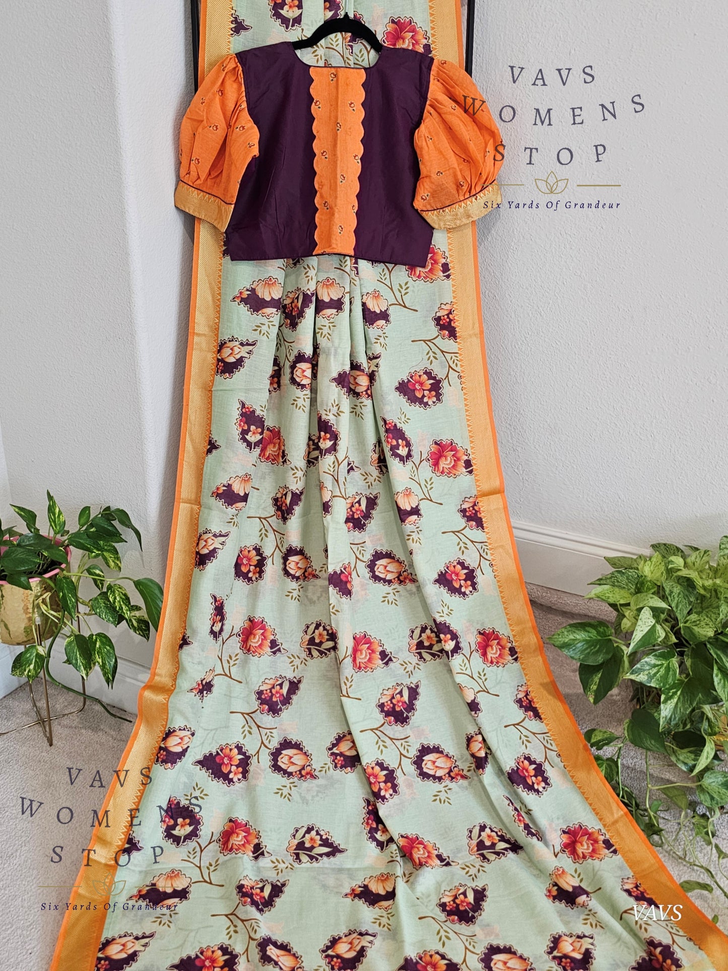 Floral Print Ruby Silk Saree in Pista Green with Orange Border & Matching Puff Sleeves Blouse