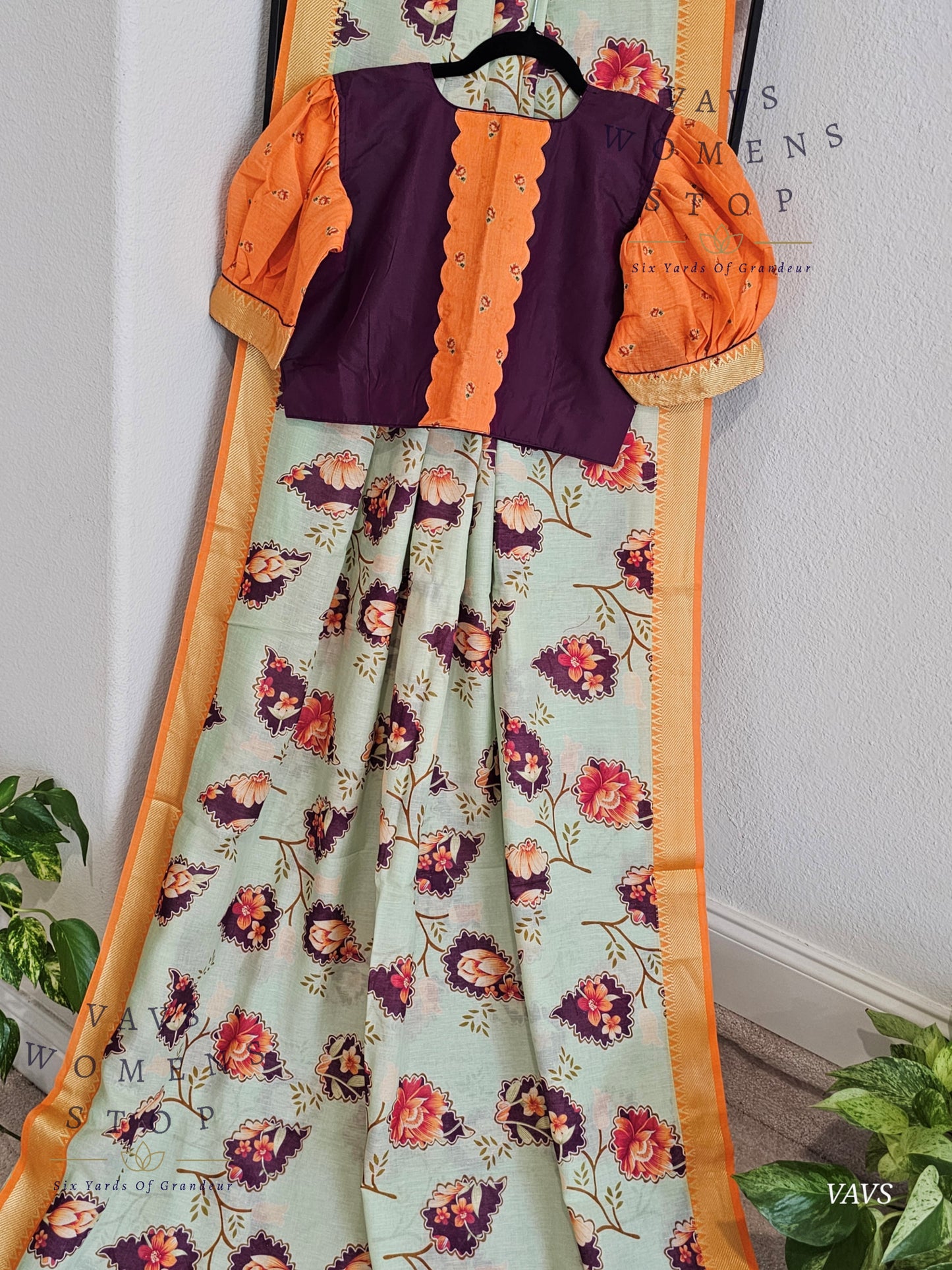 Floral Print Ruby Silk Saree in Pista Green with Orange Border & Matching Puff Sleeves Blouse