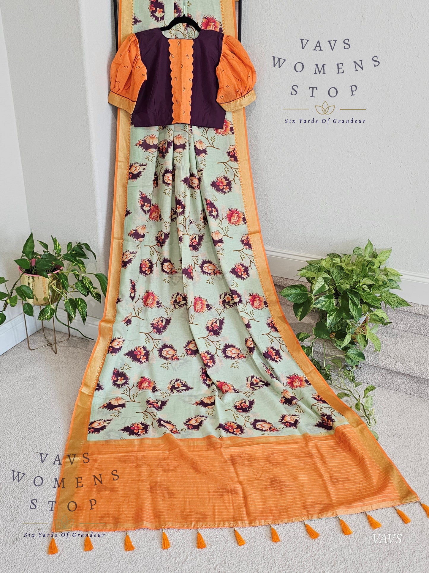 Floral Print Ruby Silk Saree in Pista Green with Orange Border & Matching Puff Sleeves Blouse