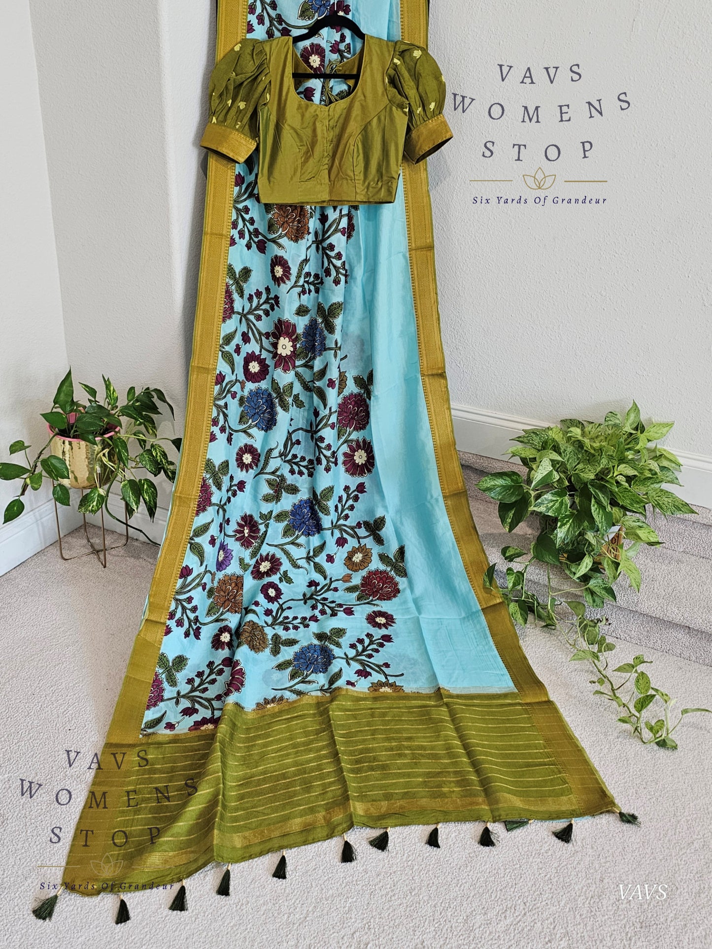Blue Kalamkari Print Mangalagiri Silk Saree with Green Puff Sleeves Blouse |