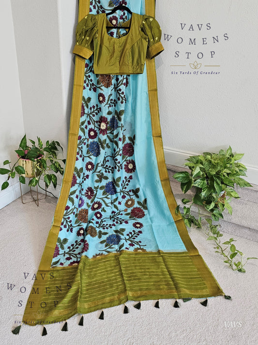 Blue Kalamkari Print Mangalagiri Silk Saree with Green Puff Sleeves Blouse |