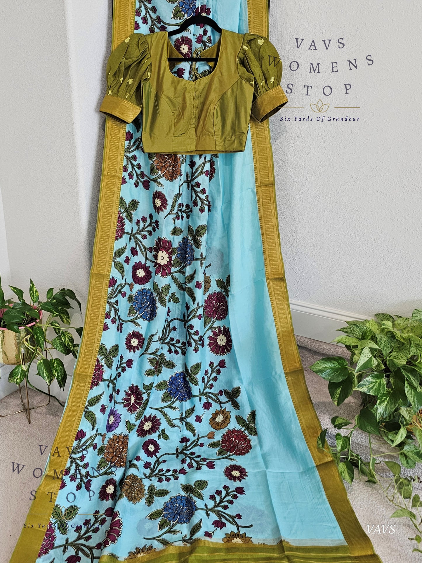 Blue Kalamkari Print Mangalagiri Silk Saree with Green Puff Sleeves Blouse |