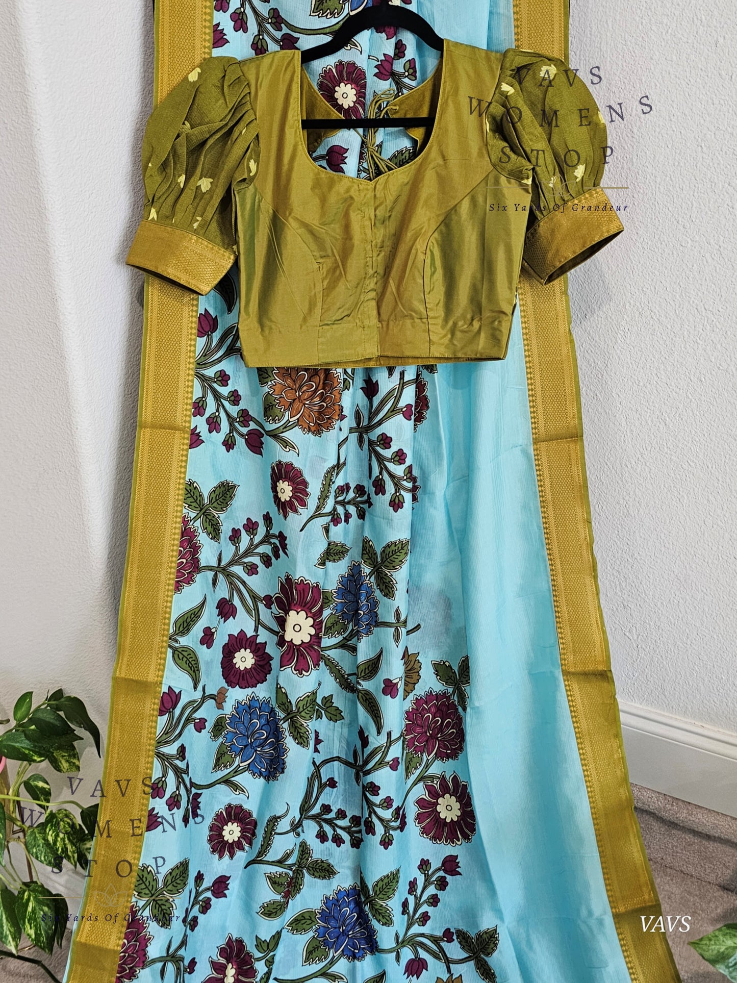 Blue Kalamkari Print Mangalagiri Silk Saree with Green Puff Sleeves Blouse |