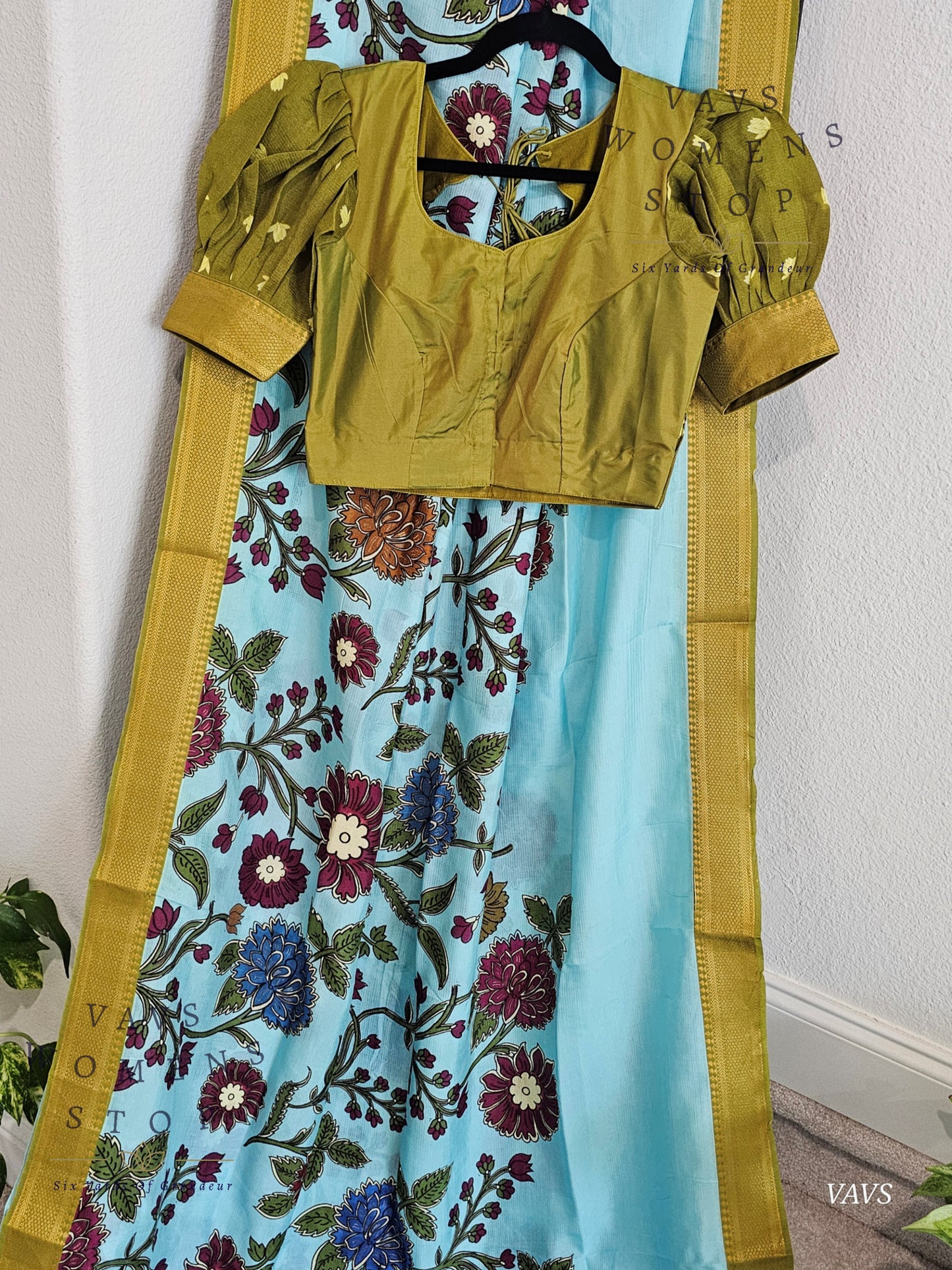 Blue Kalamkari Print Mangalagiri Silk Saree with Green Puff Sleeves Blouse |