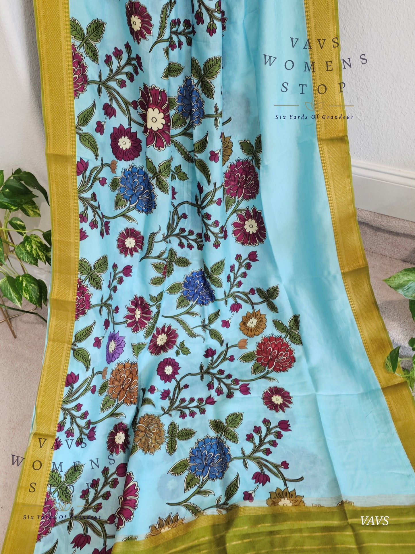 Blue Kalamkari Print Mangalagiri Silk Saree with Green Puff Sleeves Blouse |