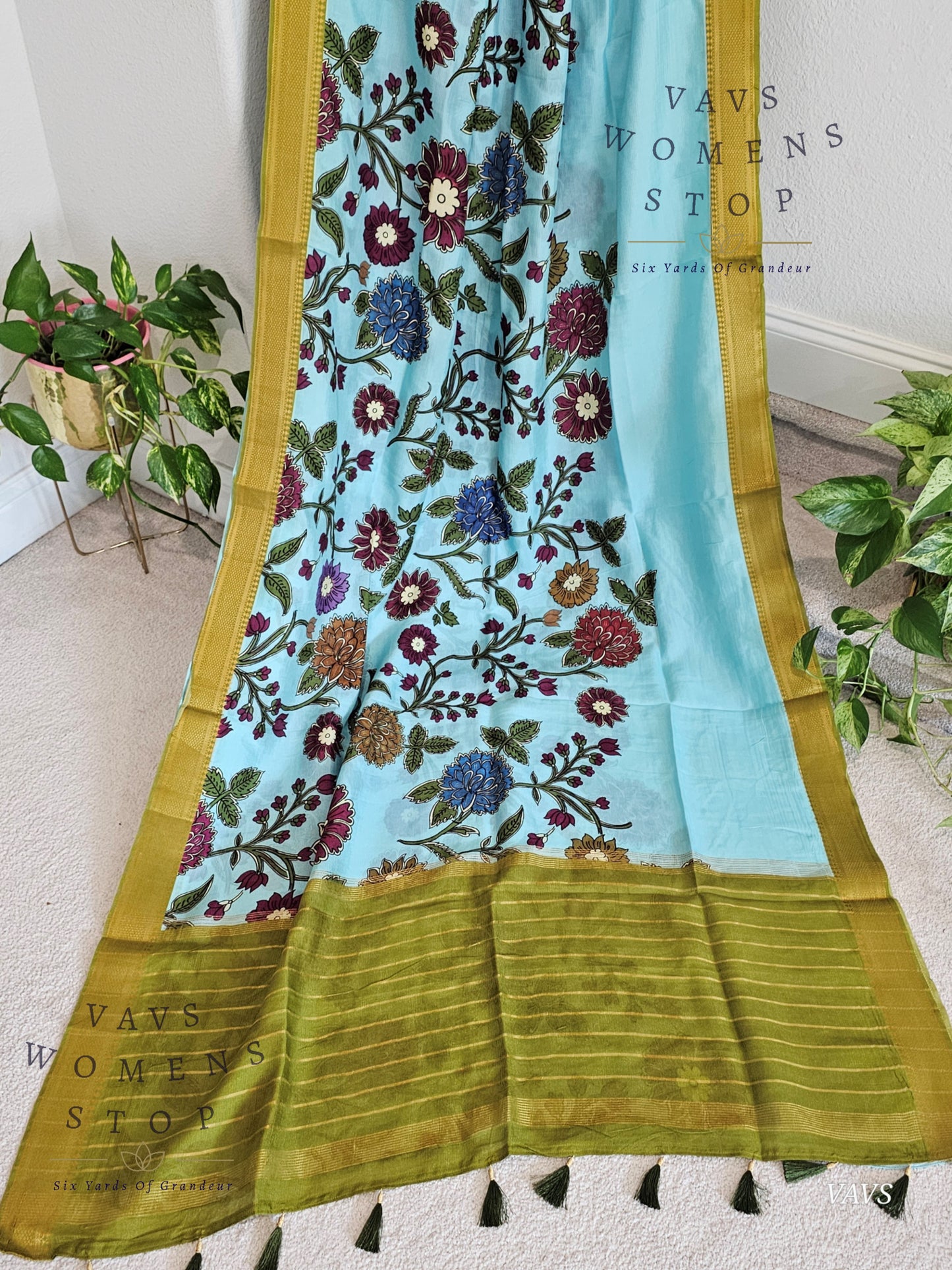 Blue Kalamkari Print Mangalagiri Silk Saree with Green Puff Sleeves Blouse |