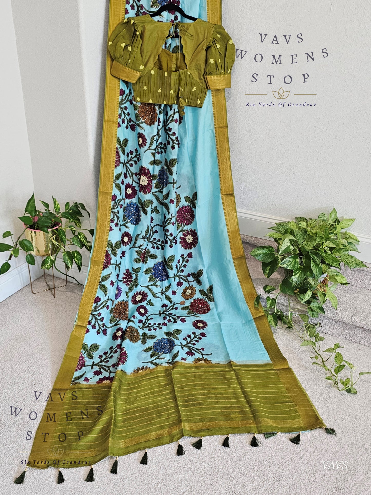 Blue Kalamkari Print Mangalagiri Silk Saree with Green Puff Sleeves Blouse |