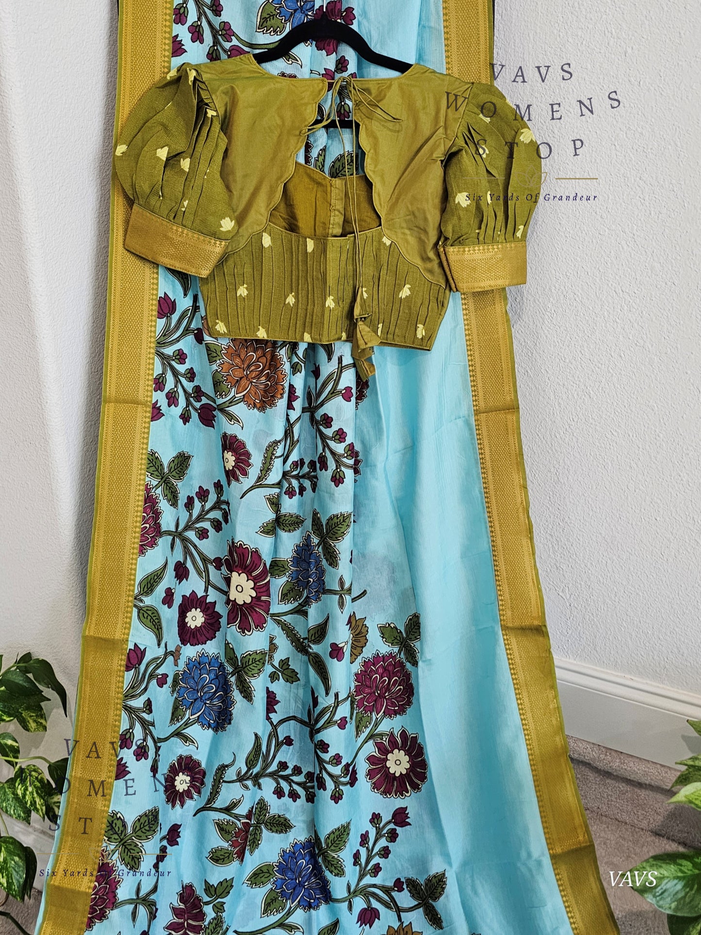 Blue Kalamkari Print Mangalagiri Silk Saree with Green Puff Sleeves Blouse |