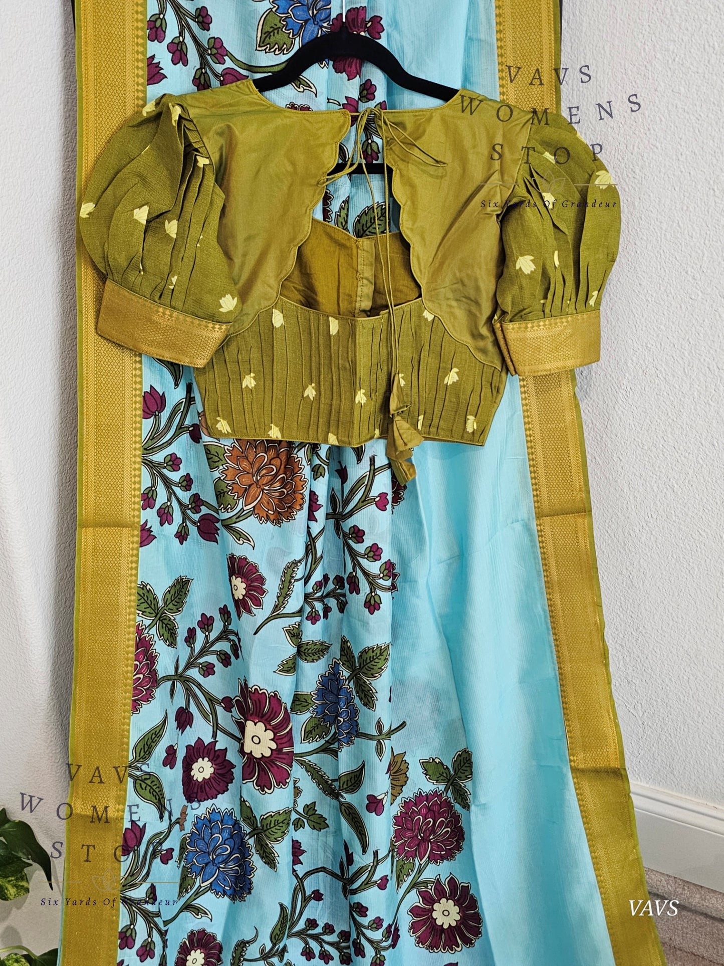 Blue Kalamkari Print Mangalagiri Silk Saree with Green Puff Sleeves Blouse |