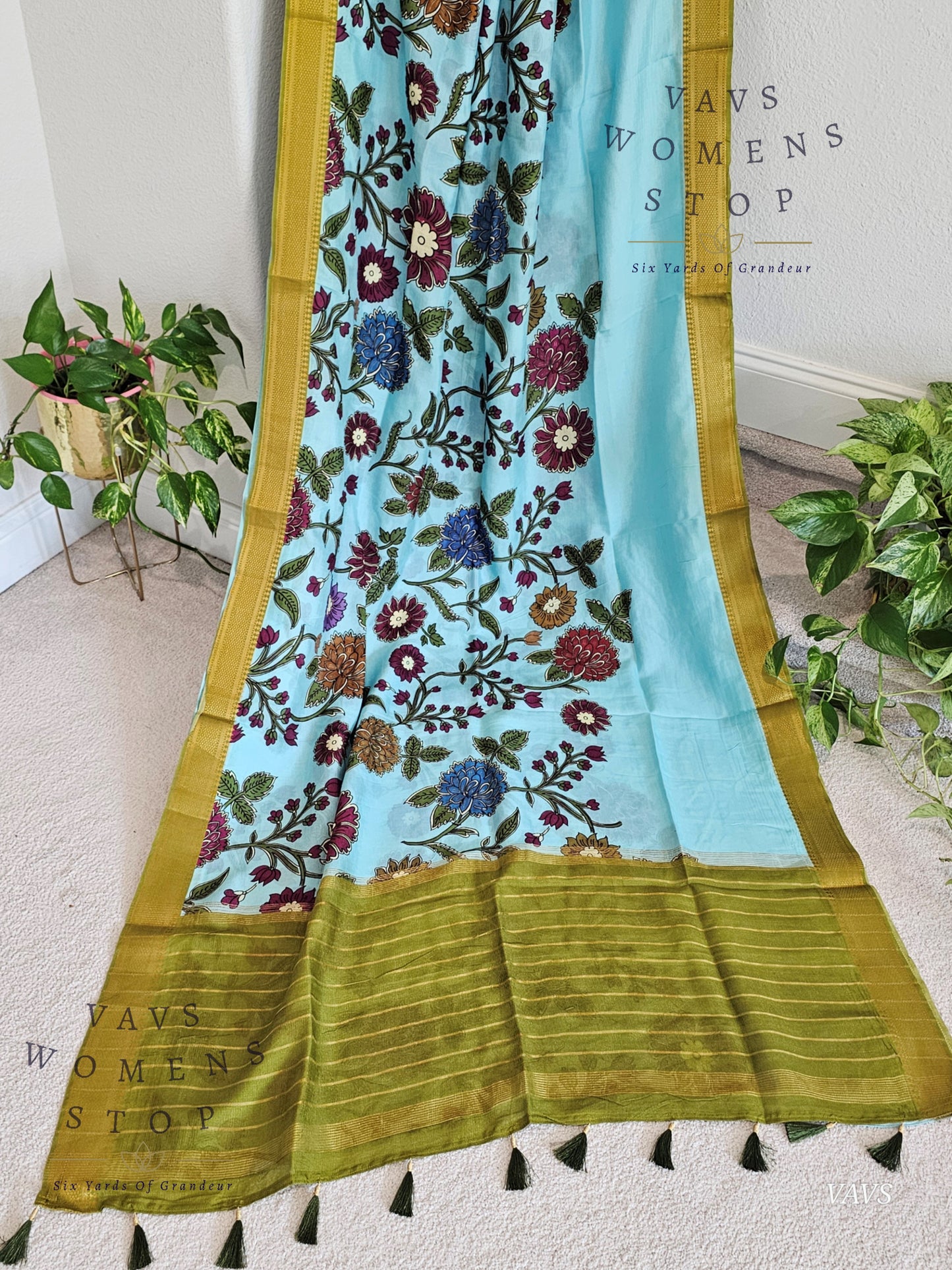 Blue Kalamkari Print Mangalagiri Silk Saree with Green Puff Sleeves Blouse |