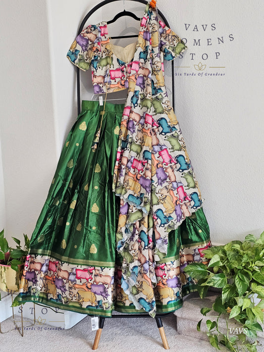 Green Benarasi-Pichwai Designer Half Saree Set | Pichwai Print Dupatta | Can-Can Lined | Ready-to-Ship | Size 36-42