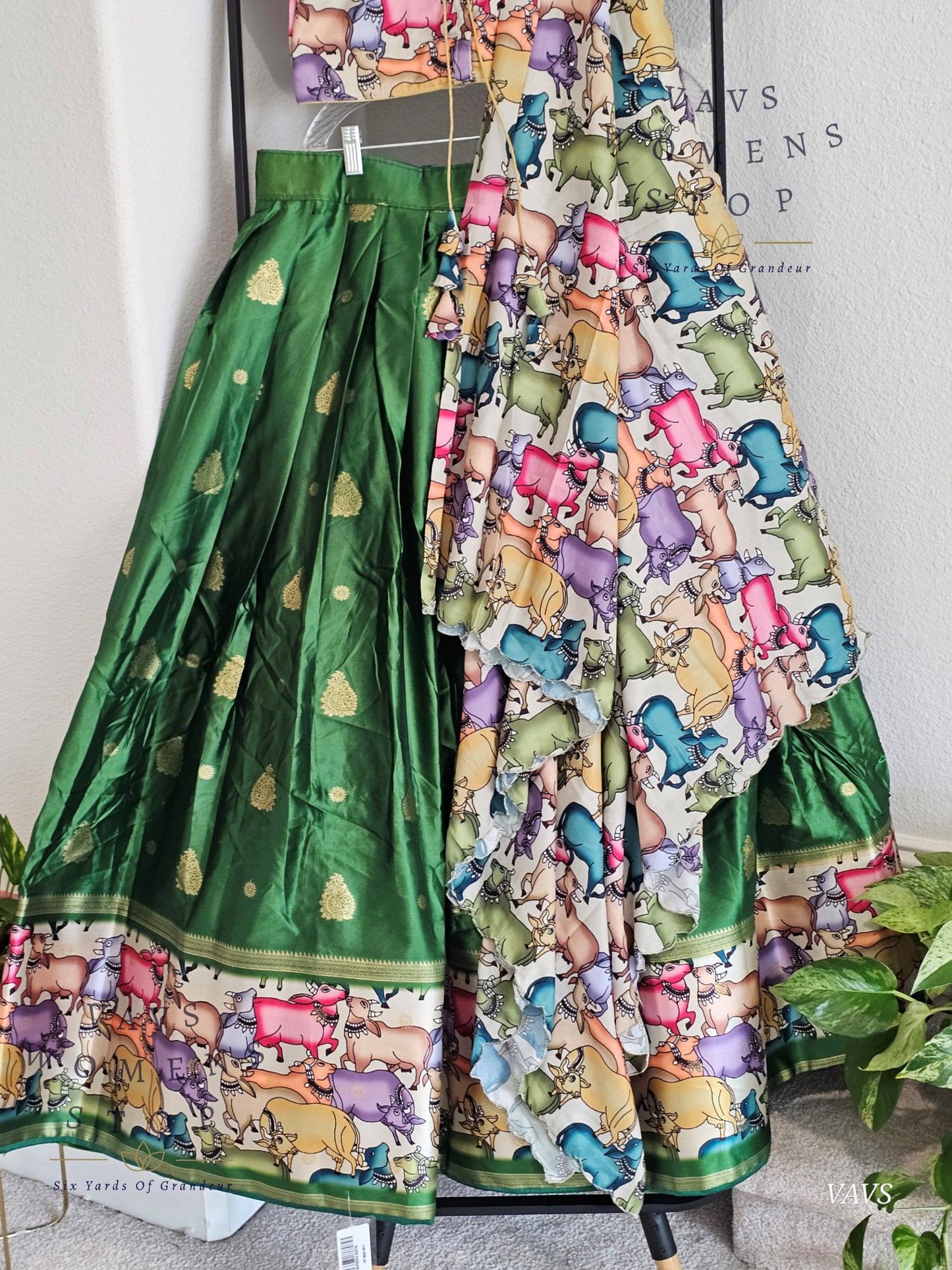 Green Benarasi-Pichwai Designer Half Saree Set | Pichwai Print Dupatta | Can-Can Lined | Ready-to-Ship | Size 36-42